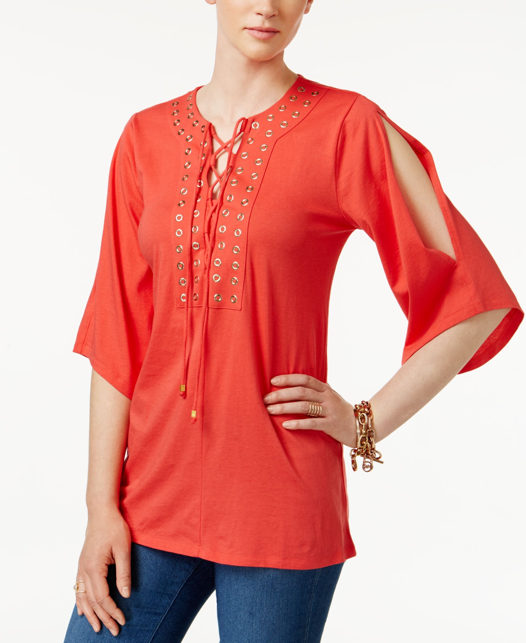 Michael Michael Kors Petite Grommet Trim Lace Up Tunic