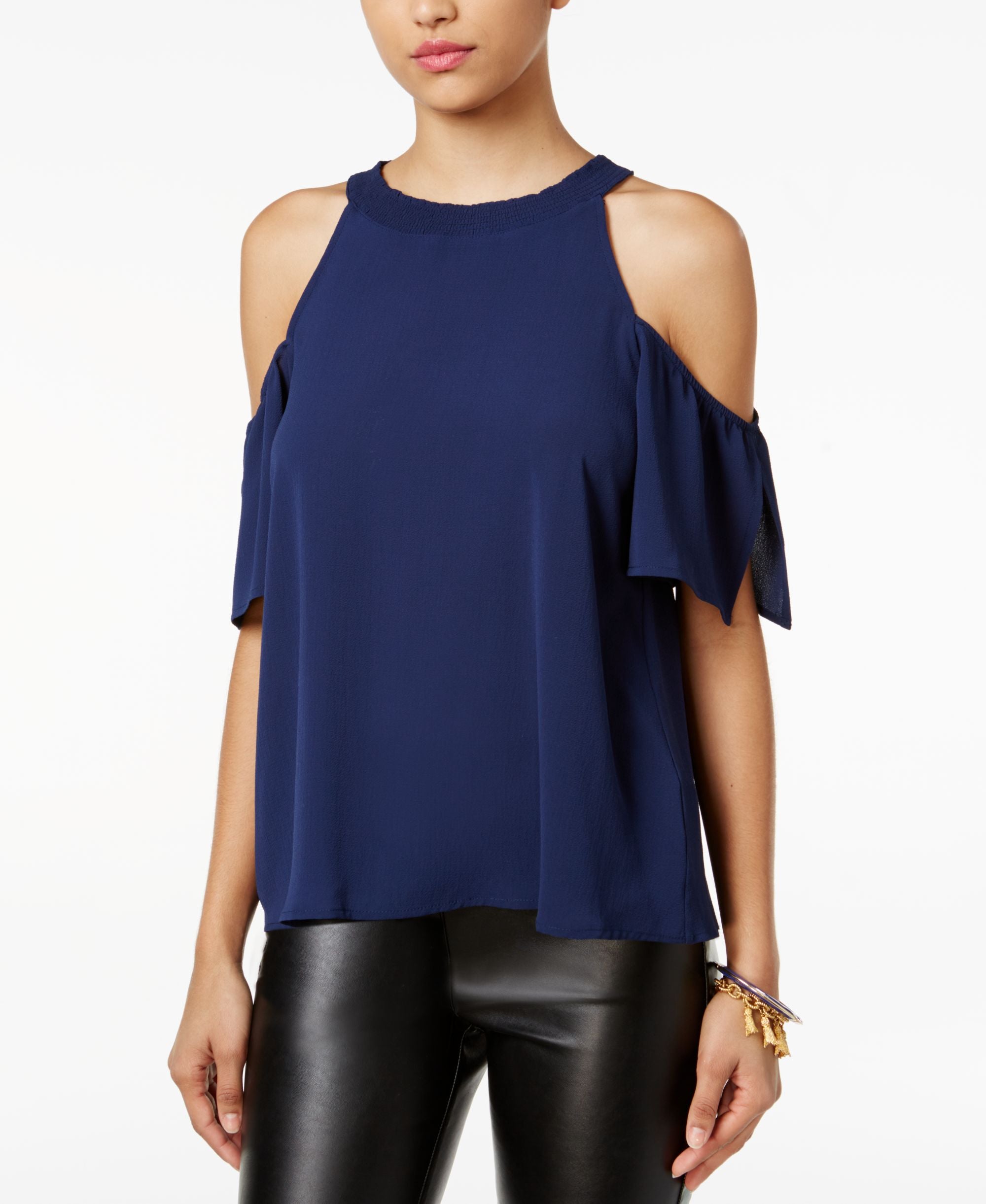 Lily Black Juniors Ruffled Cold Shoulder Top