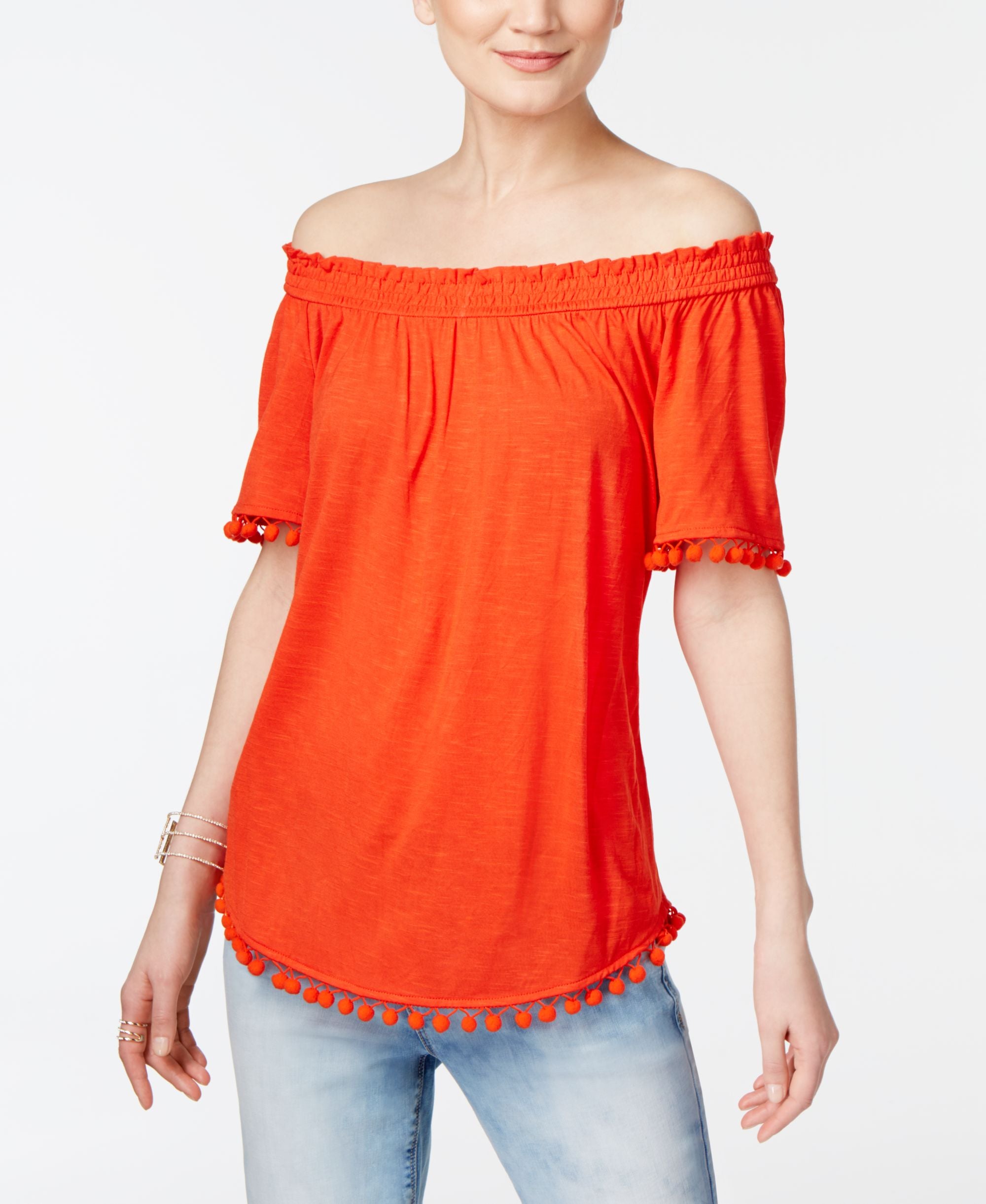 INC International Concepts Petite Pom Pom Off The Shoulder Top