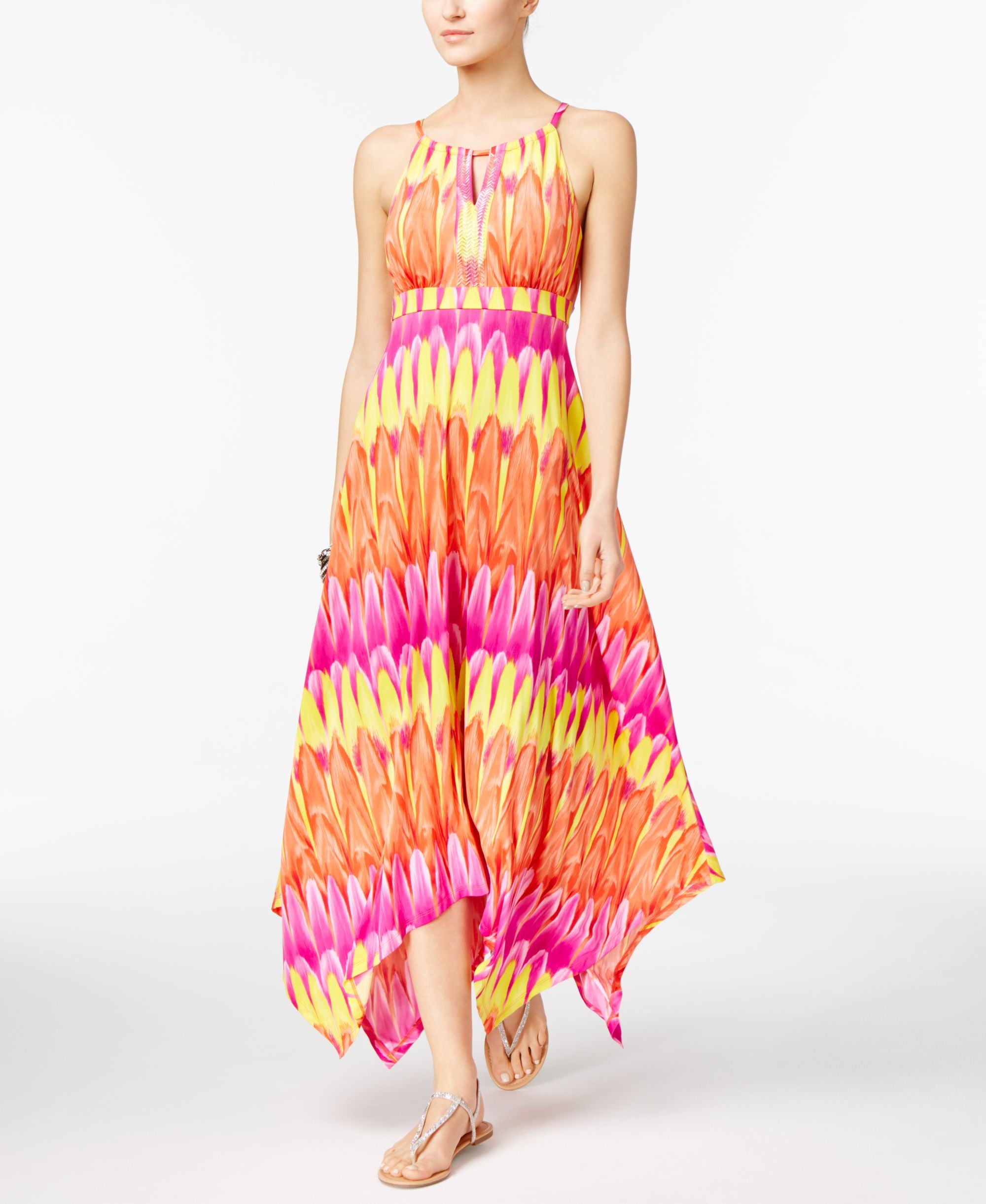 INC International Concepts Petite Printed Embellished Handkerchief Hem Maxi Dress