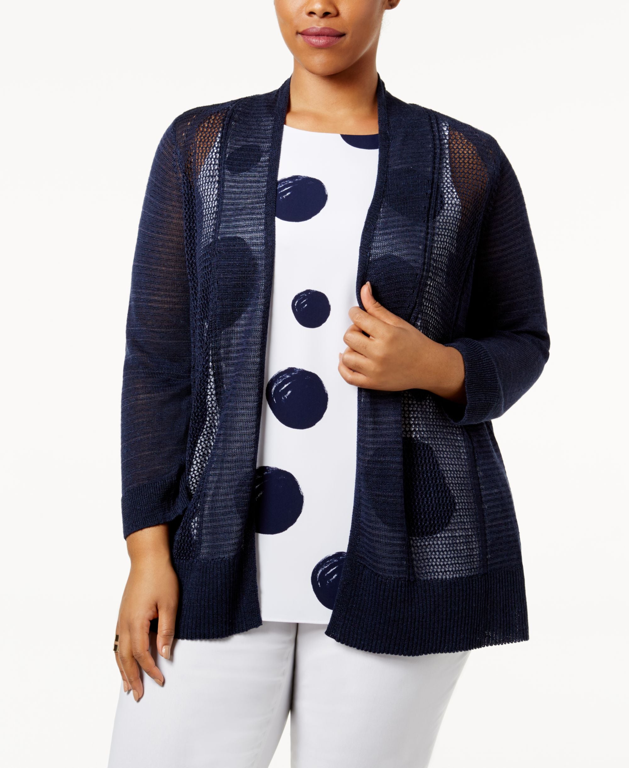 Alfani Plus Size Mixed Stitch Open Front Cardigan