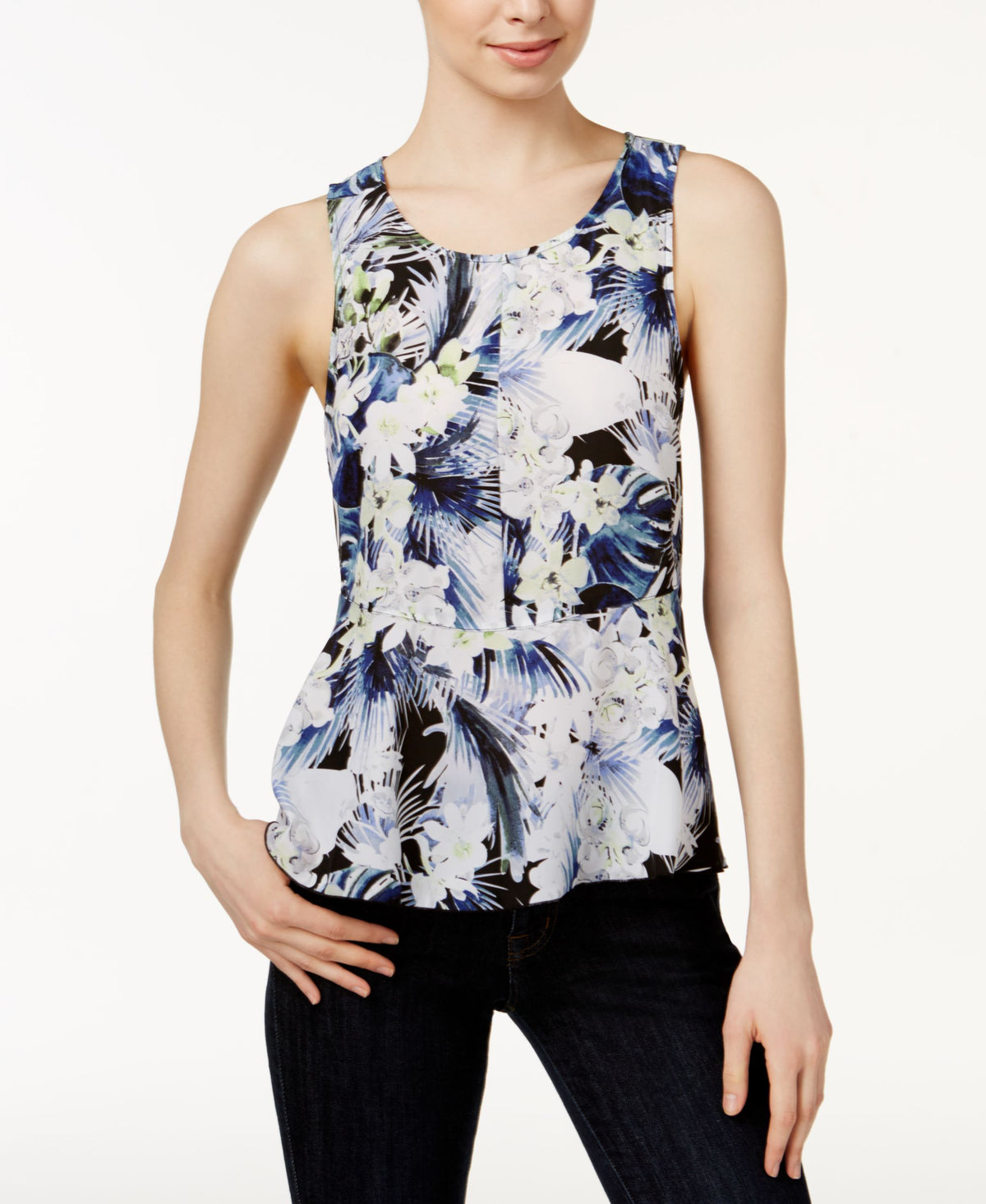Kensie Tropical Printed Peplum Top