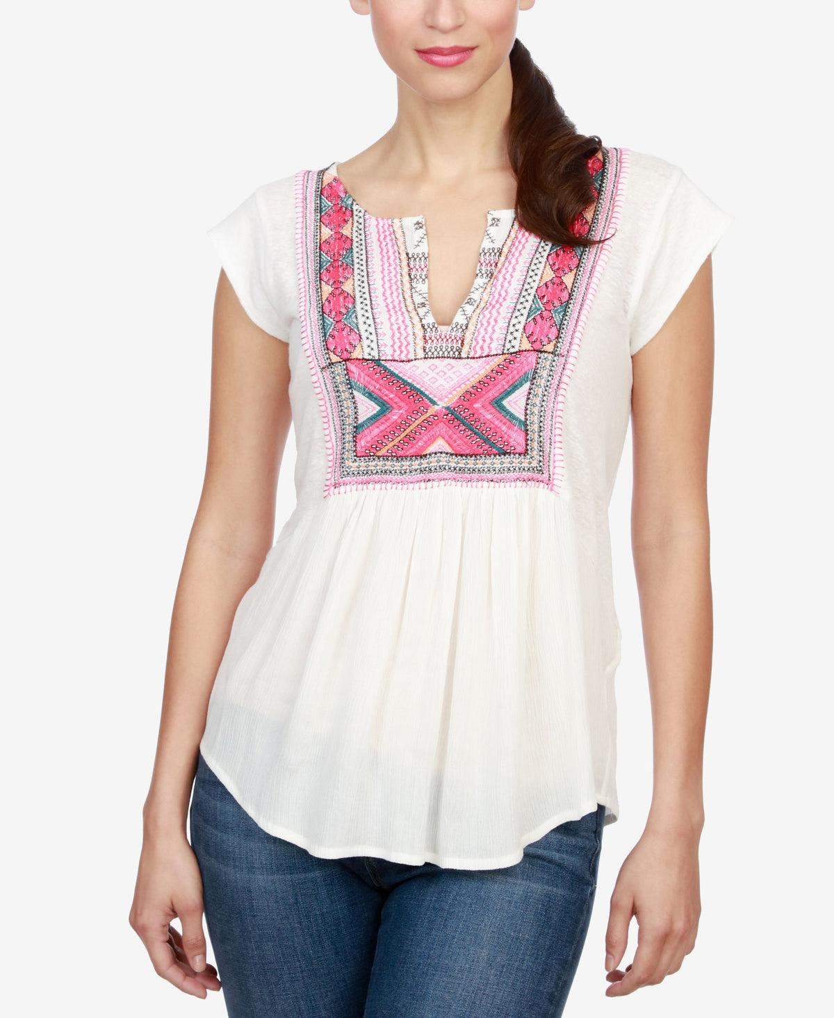 Lucky Brand Embroidered Split Neck Top