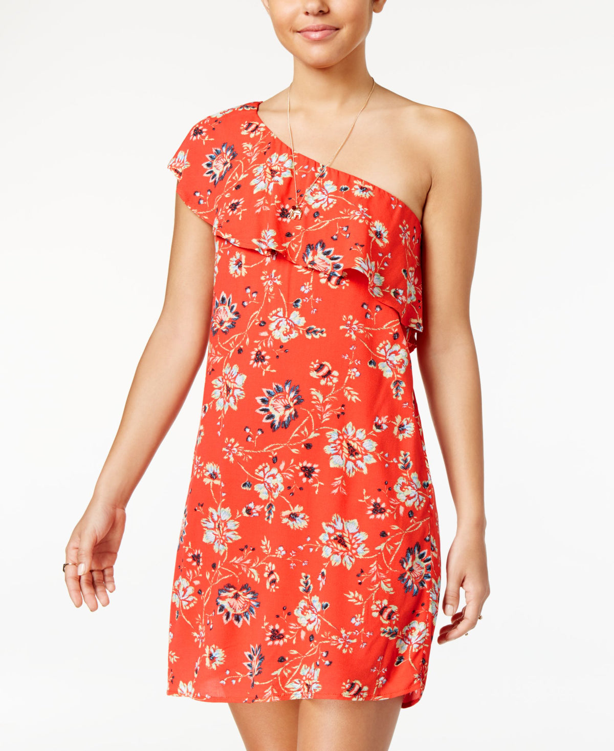 Sequin Hearts Juniors Printed Ruffled One-Shoulder Dress (Multi Print S) Red Multi Print
