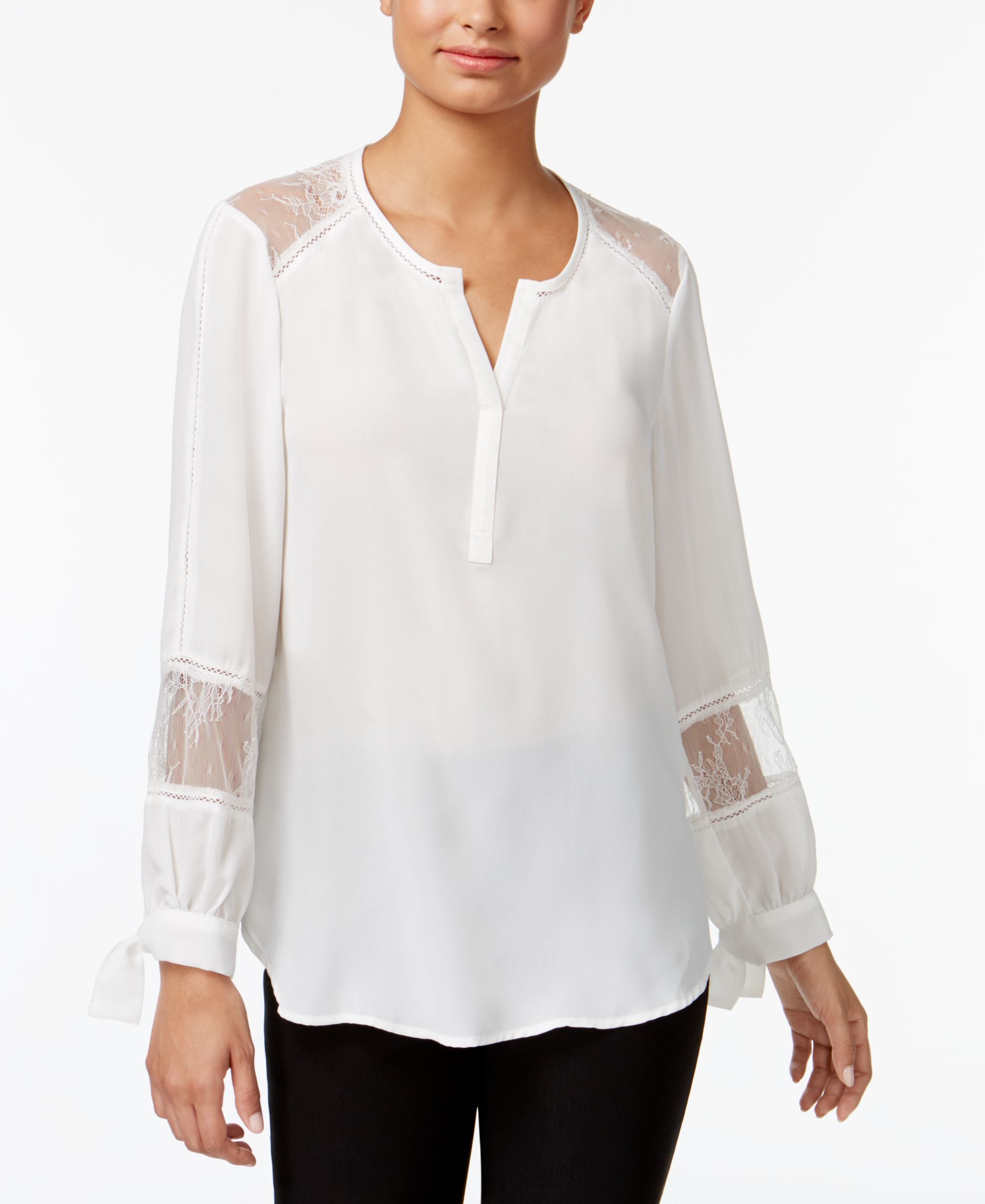 Fever Lace Trim Tie Cuff Blouse
