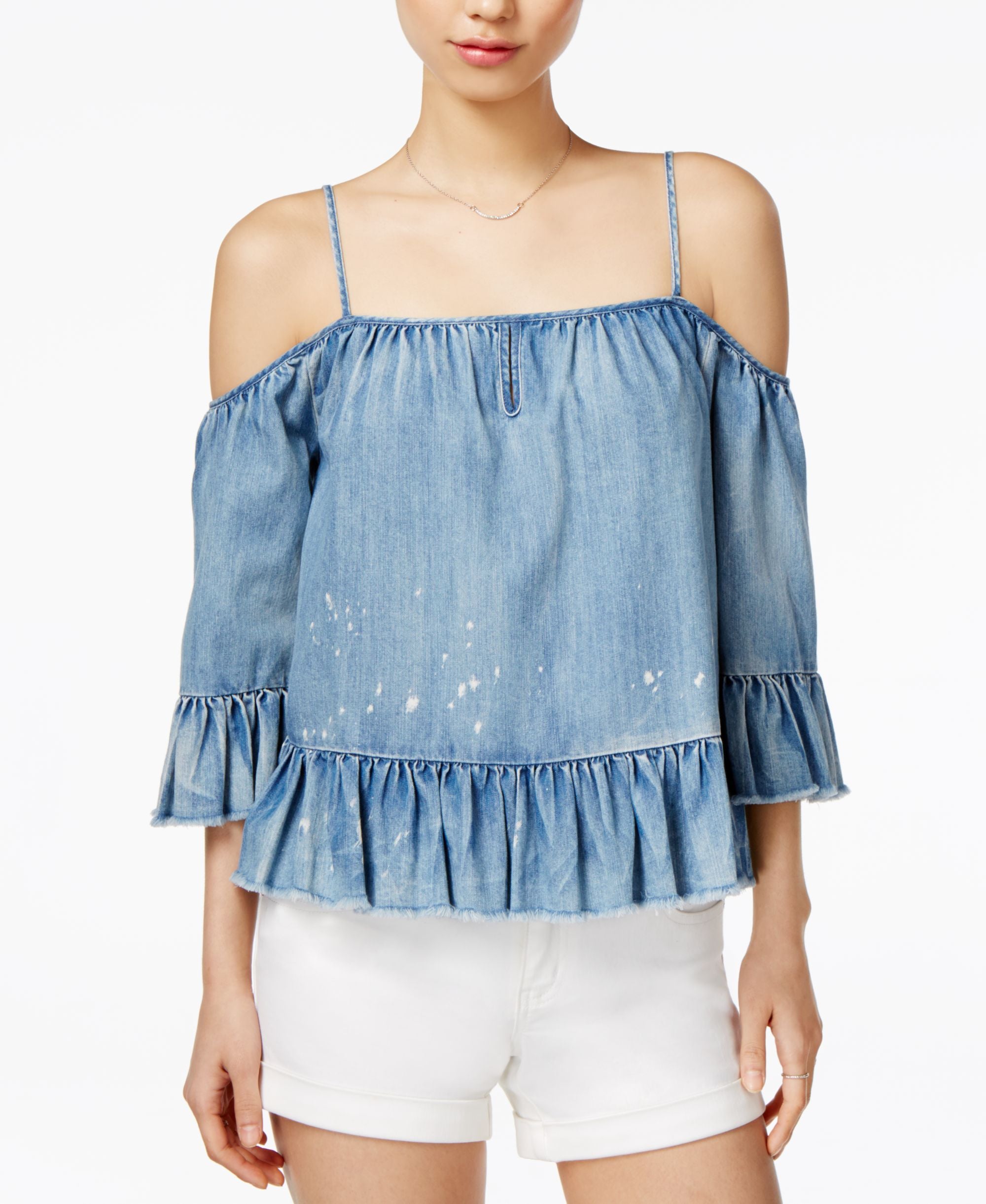 Free Heart Verna Denim Ruffled Cold Shoulder Top