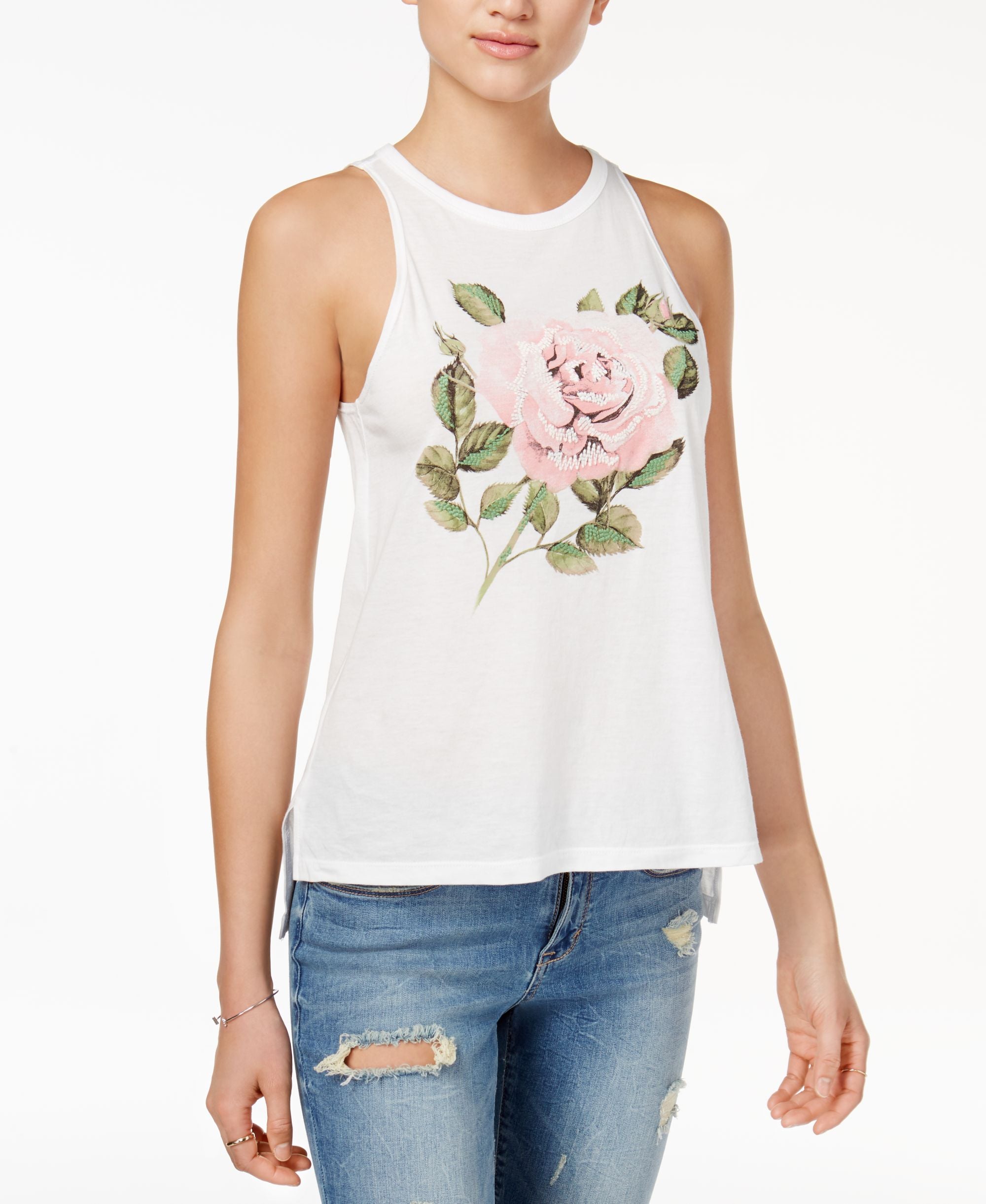Carbon Copy Embroidered Rose Print Tank Top