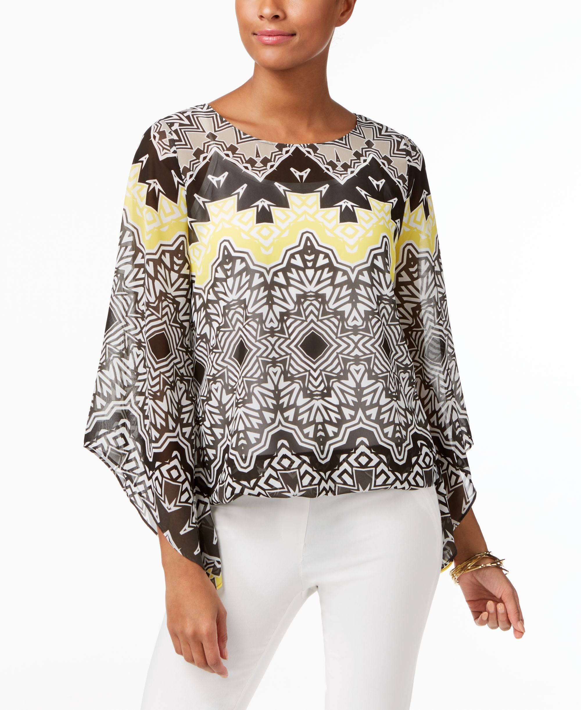 Alfani Petite Printed Angel Sleeve Bubble Top