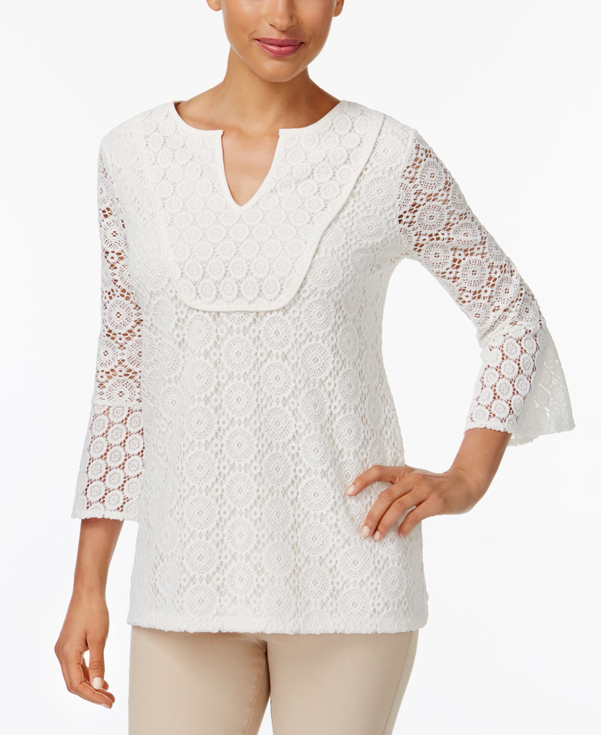 Charter Club Mixed Lace Bell Sleeve Tunic