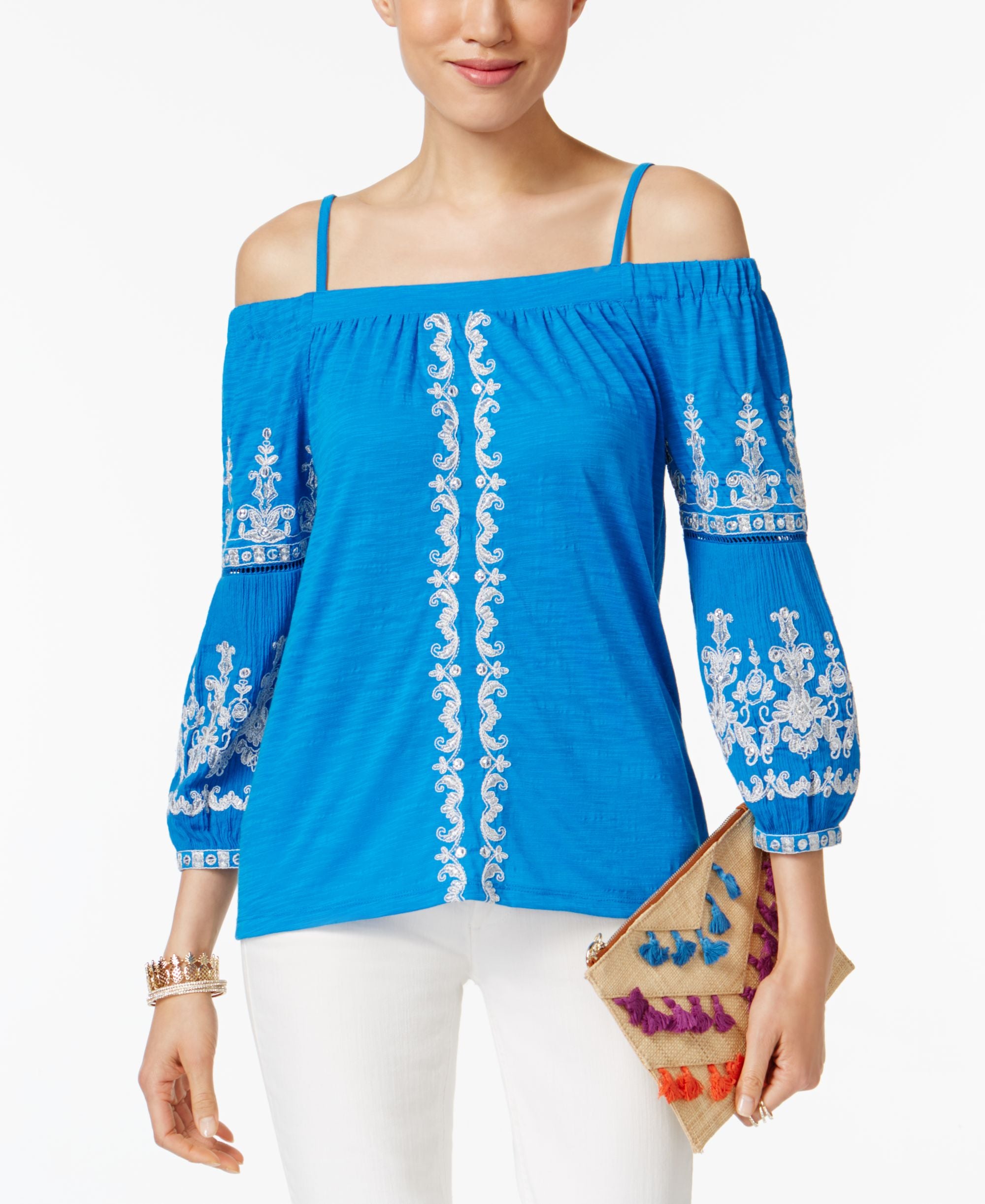 INC International Concepts Petite Embroidered Cold Shoulder Top