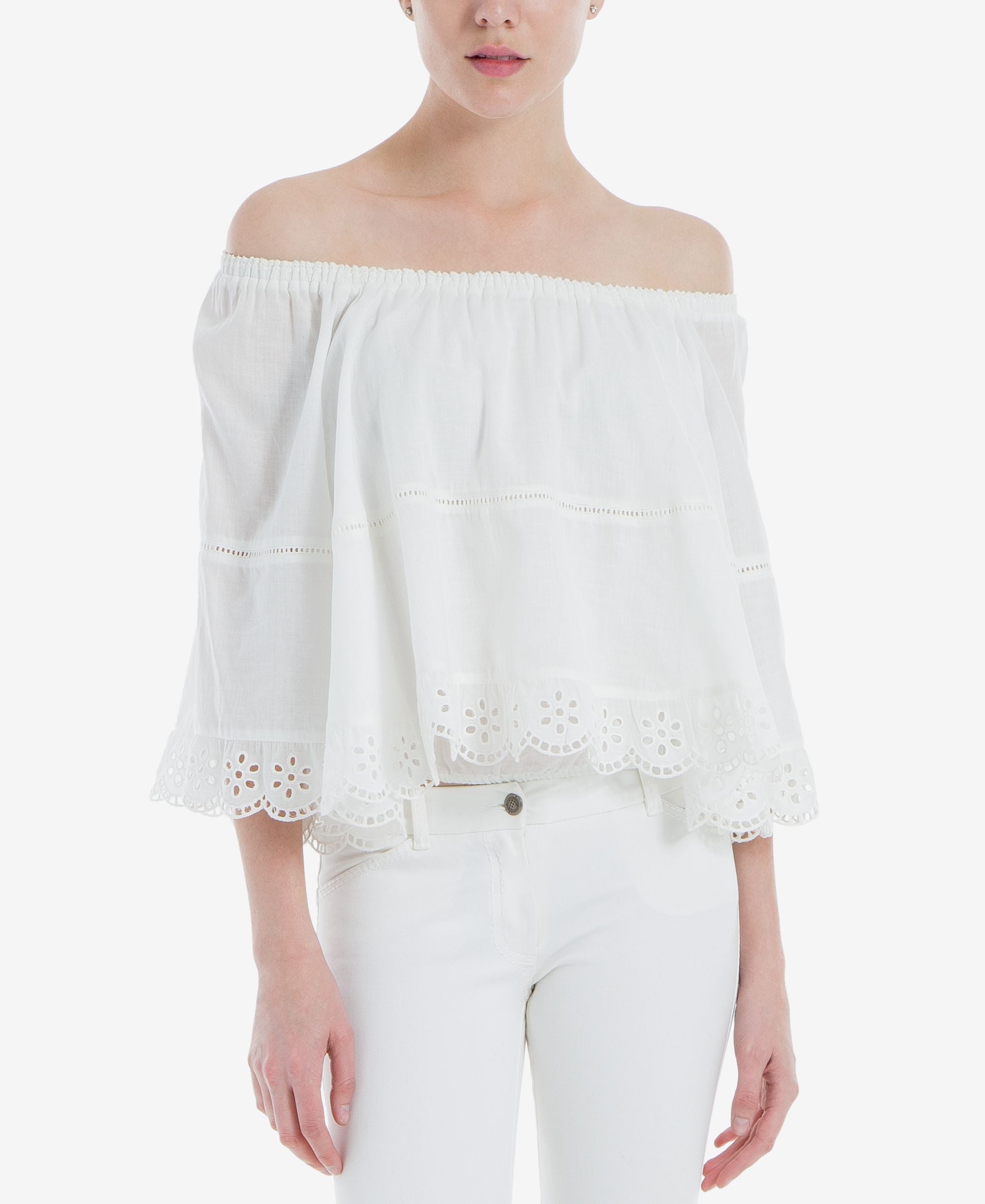 Max Studio London Cotton Lace Hem Off The Shoulder Top
