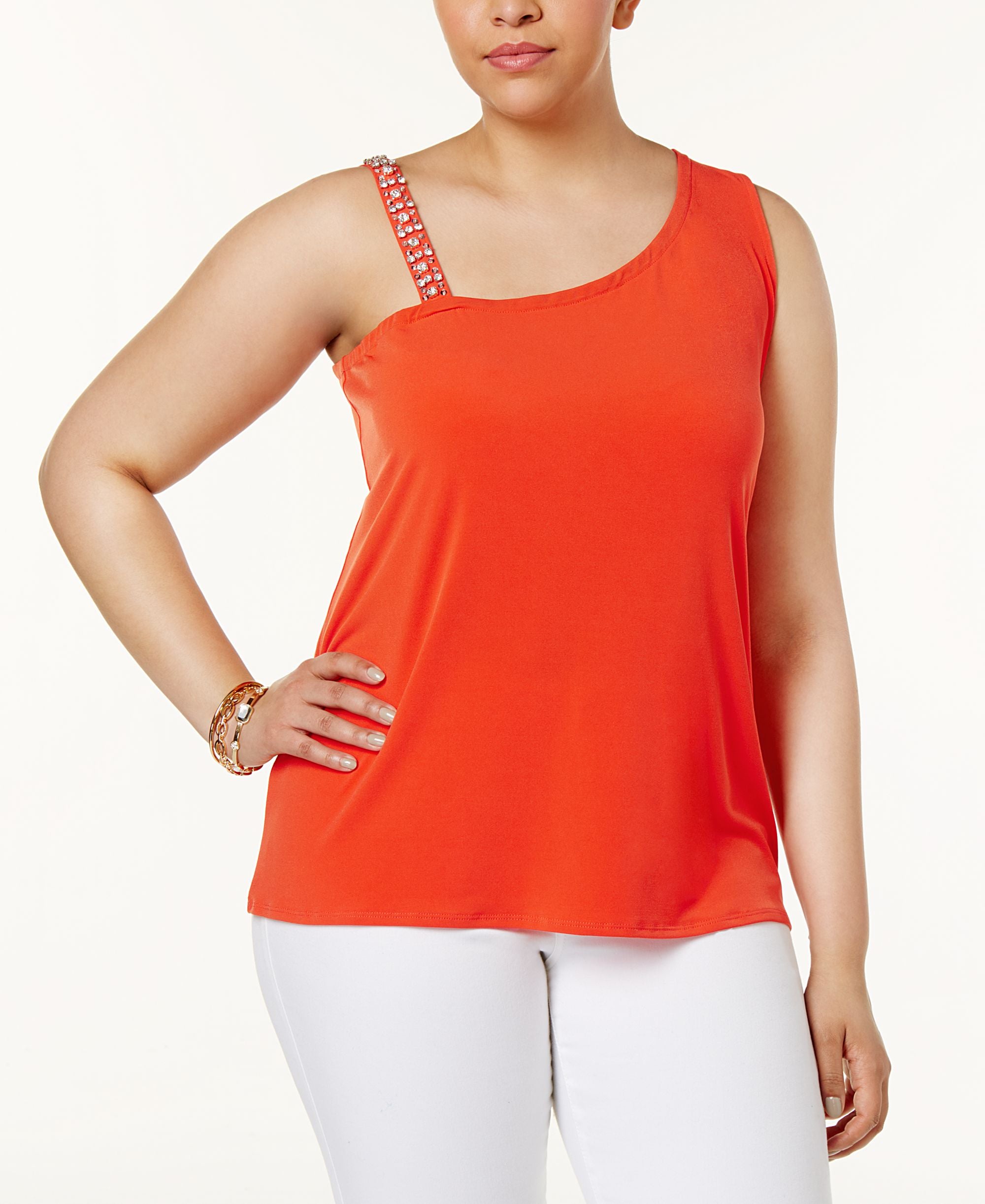 INC International Concepts Plus Size One Shoulder Rhinestone Trim Top