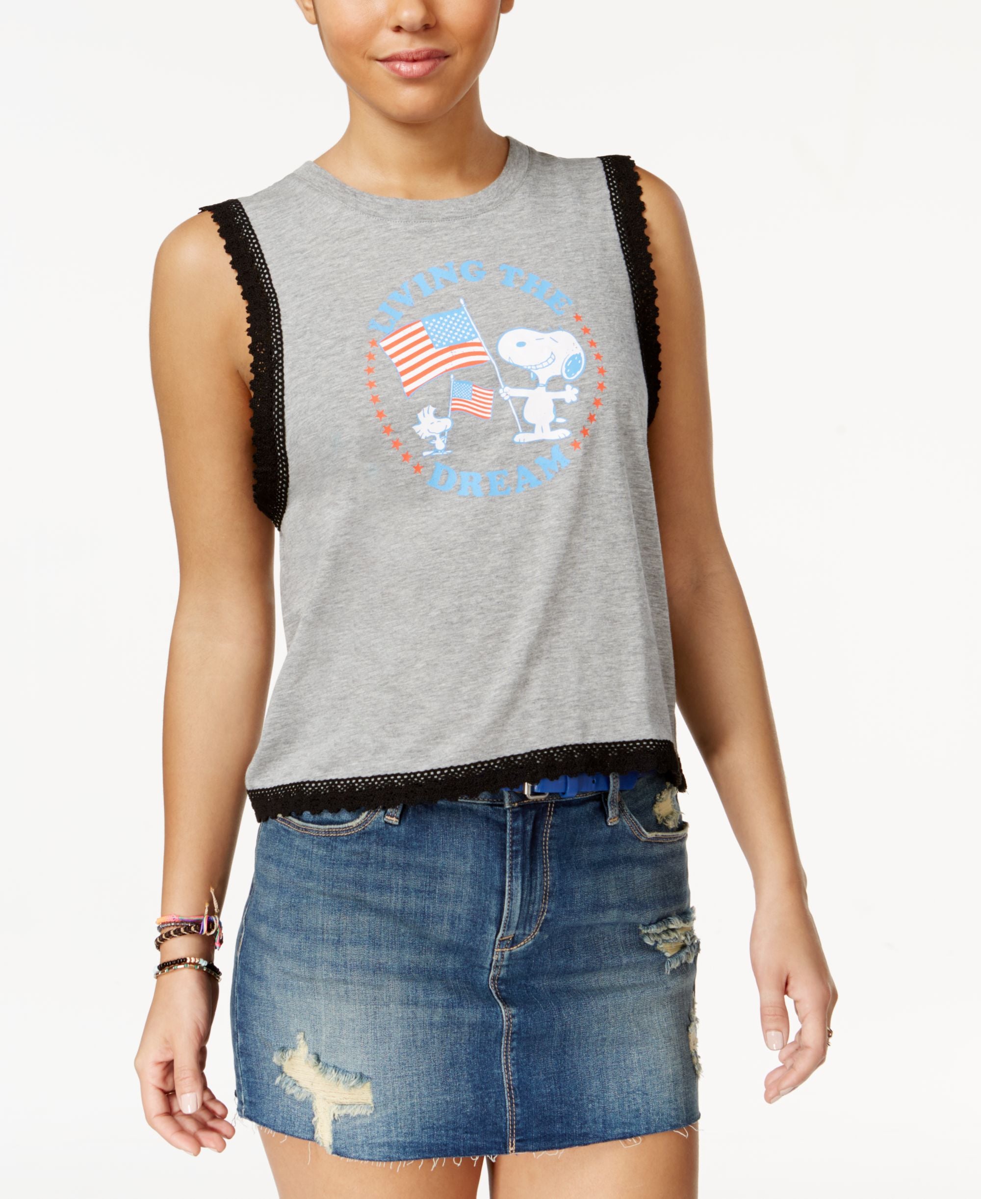 Peanuts Juniors Peanuts American Dream Lace Trim Graphic Tank Top