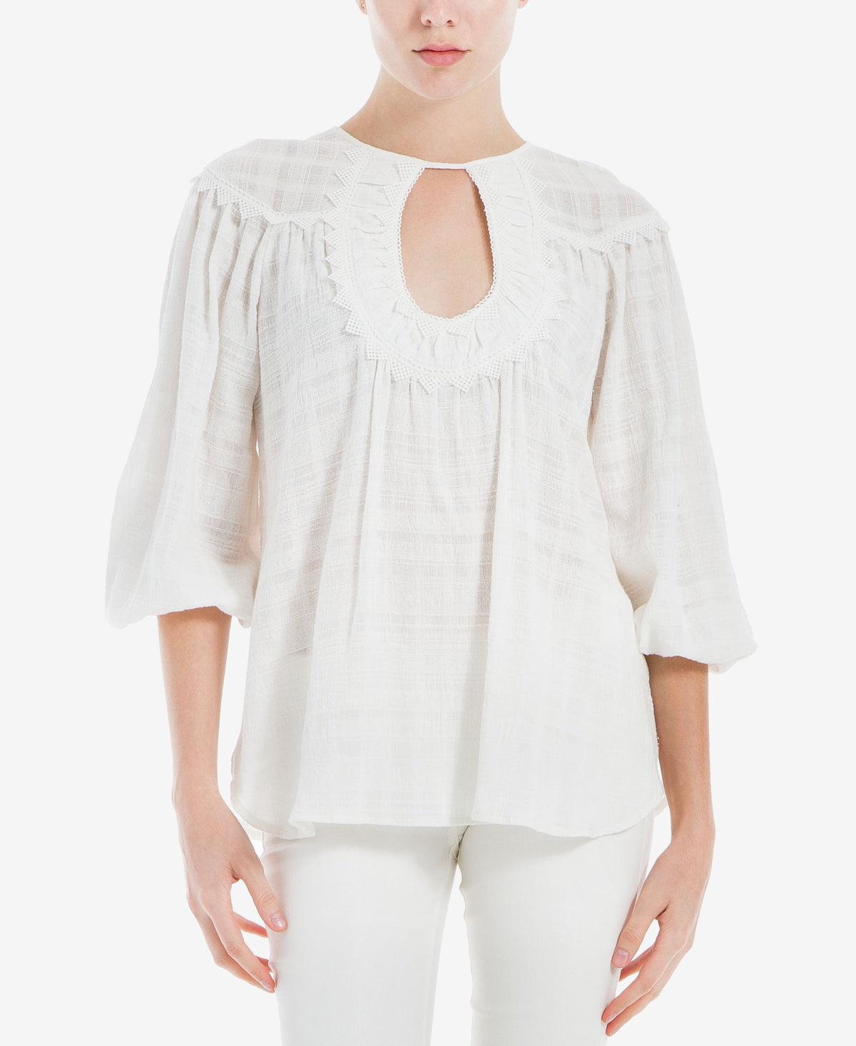 Max Studio London Cotton Textured Crochet Trim Blouse