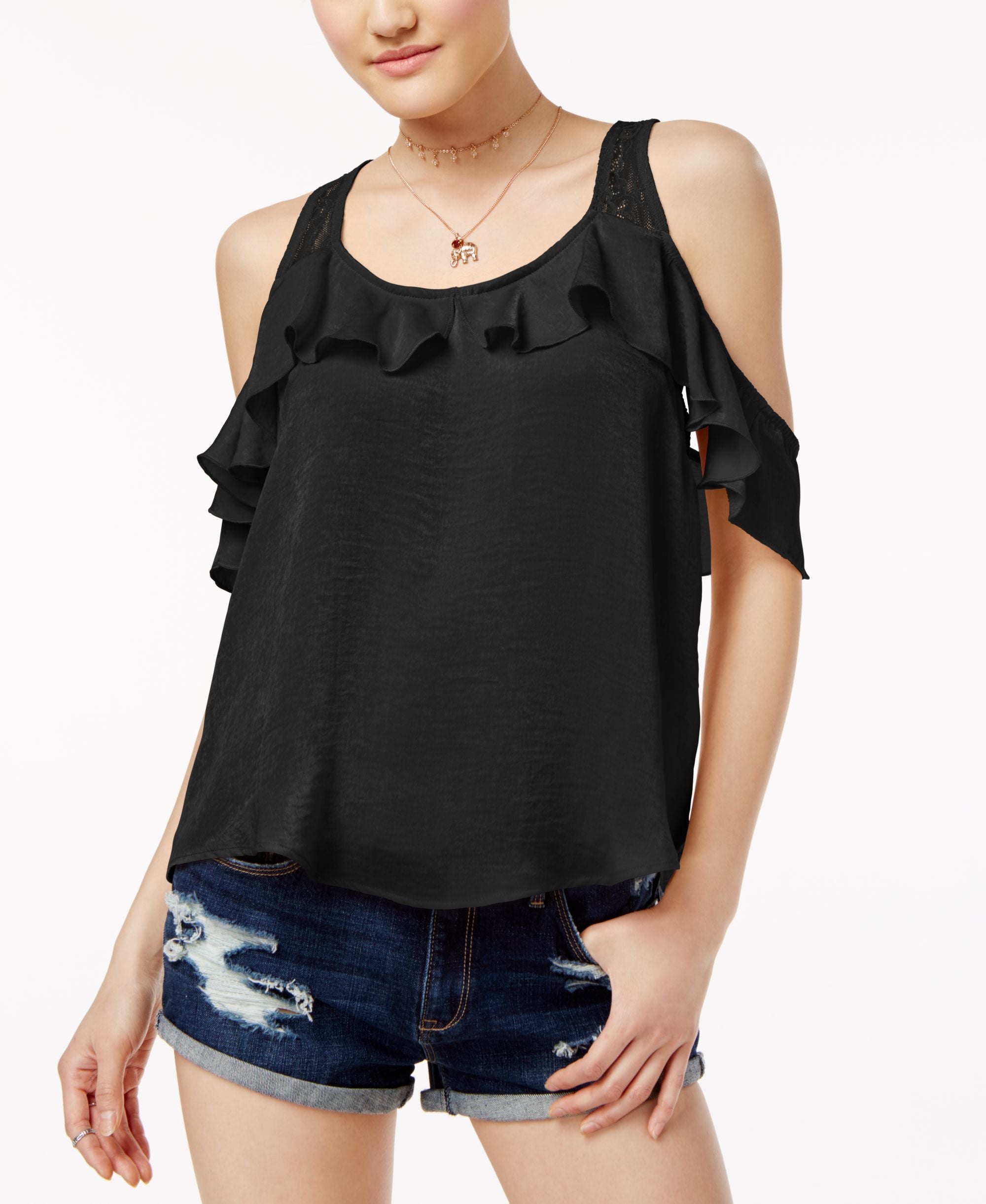 Crave Fame Juniors Ruffled Racerback Cold Shoulder Top