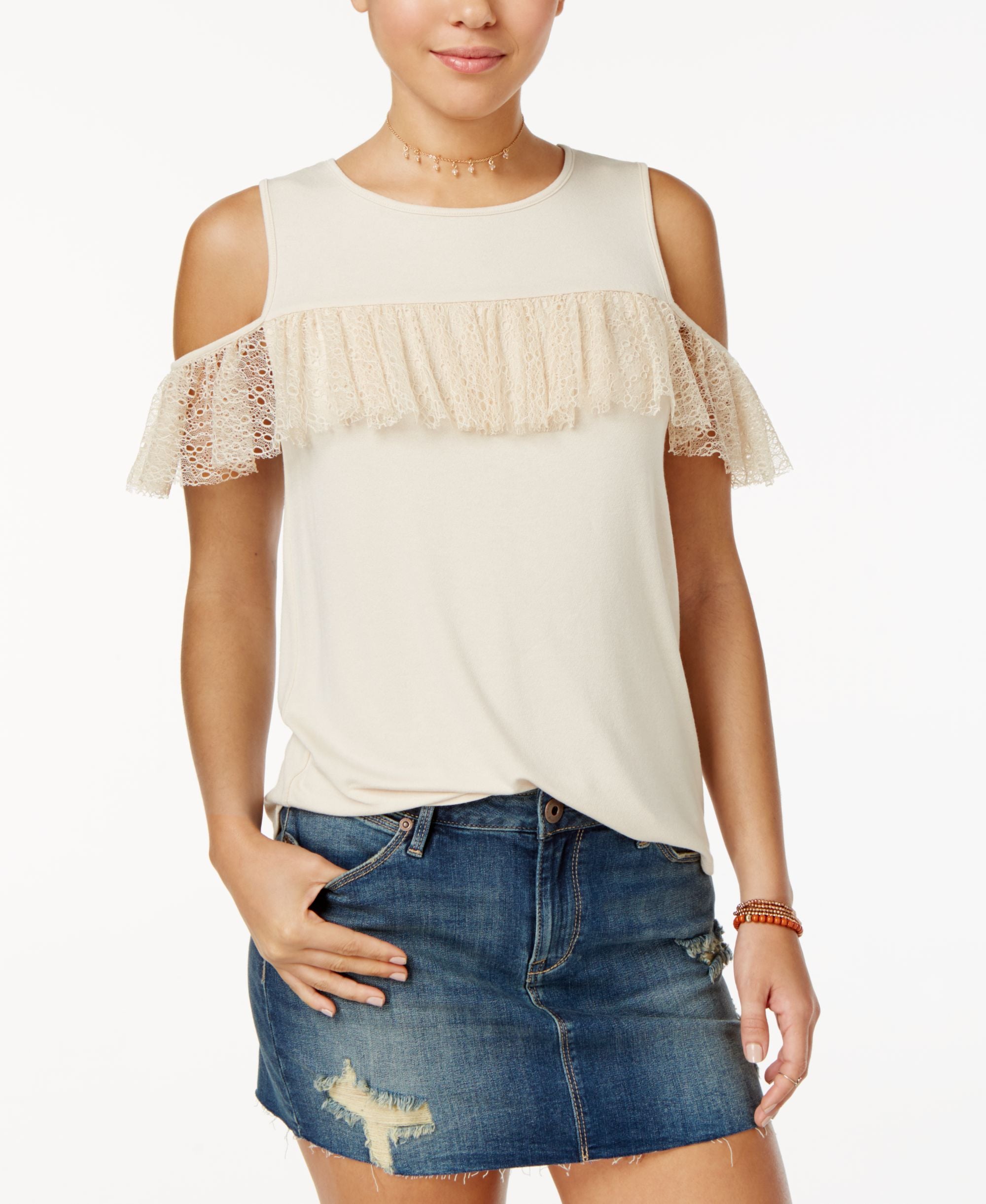 Gypsies Moondust Juniors Ruffle Trim Cold Shoulder Top