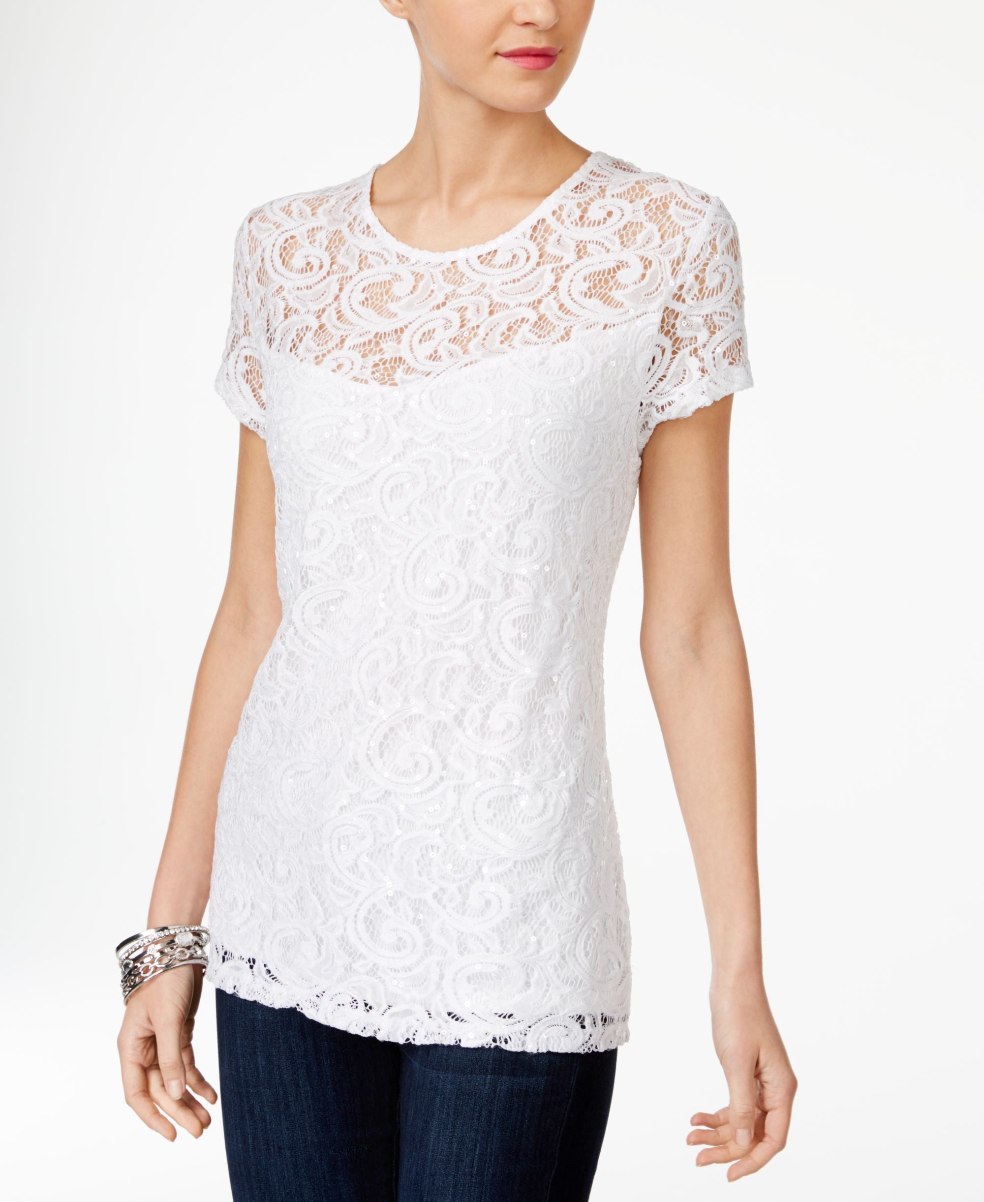 Inc International Concepts Sequin Lace T-Shirt