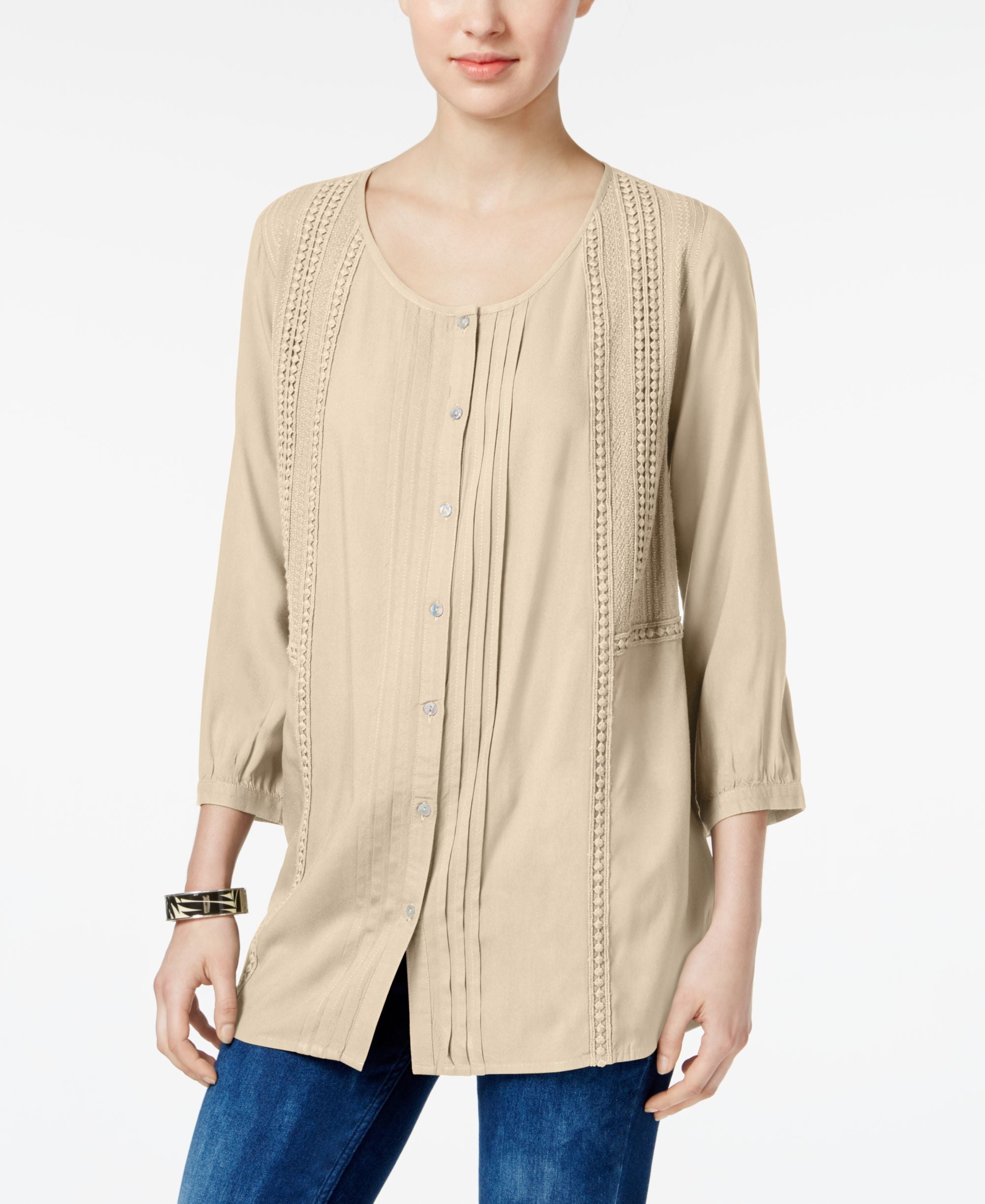 JM Collection Pleated Crochet Trim Blouse
