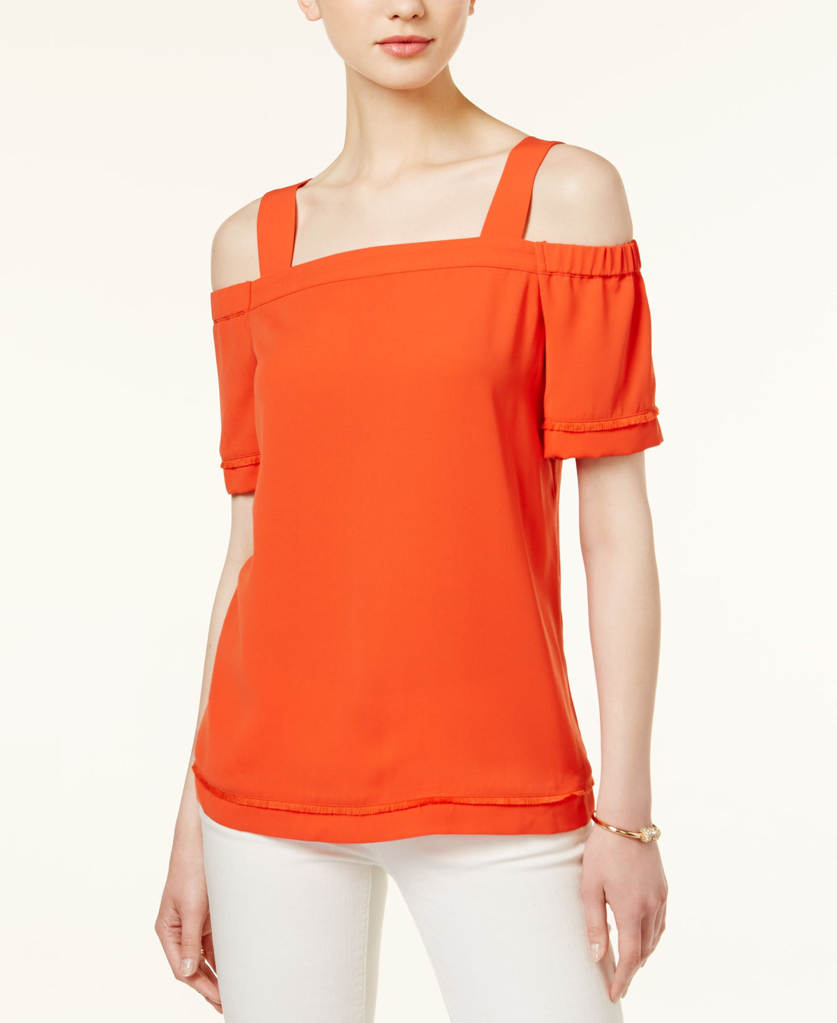 BAR III Fringe Trim Cold Shoulder Top