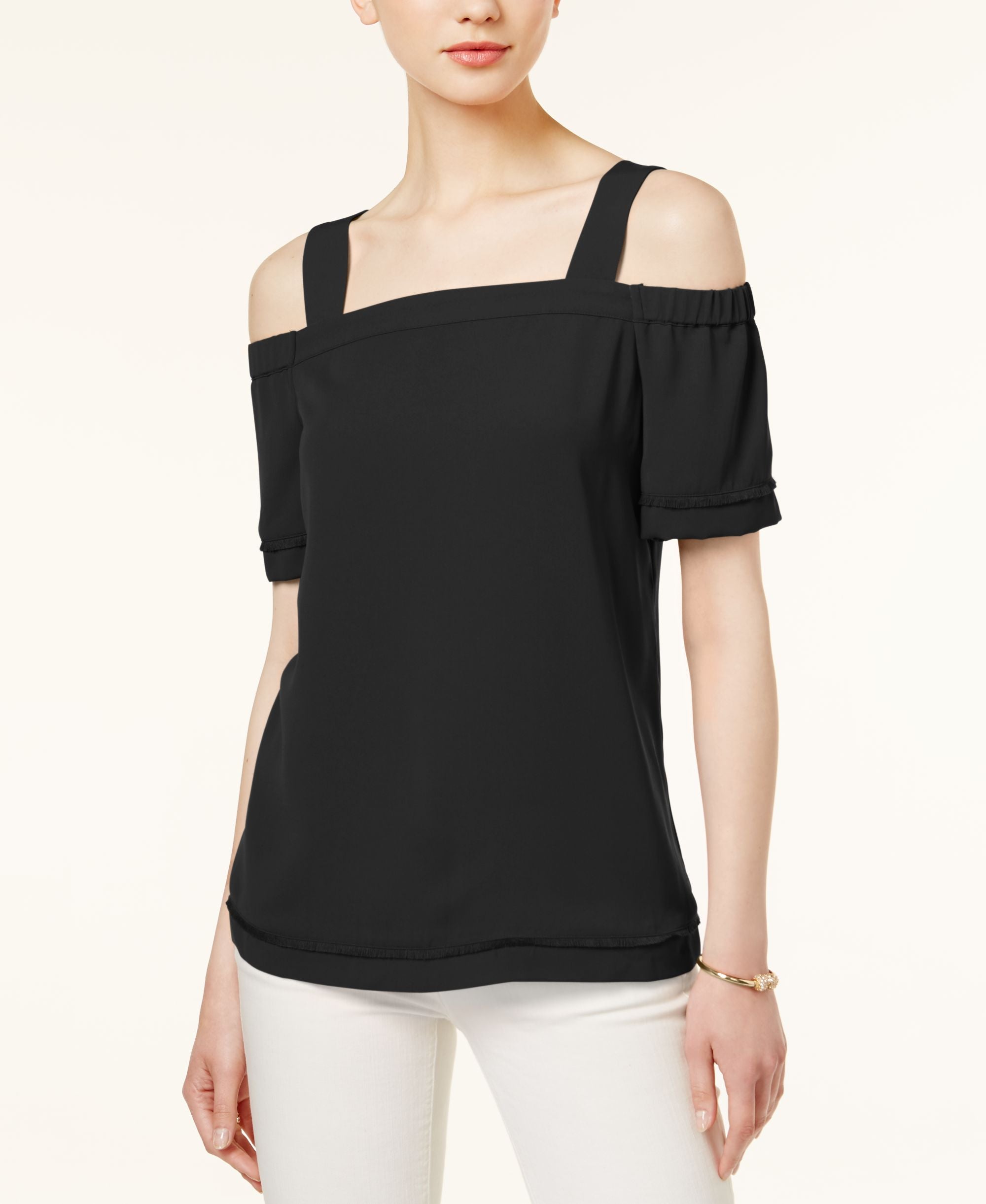 BAR III Fringe Trim Cold Shoulder Top