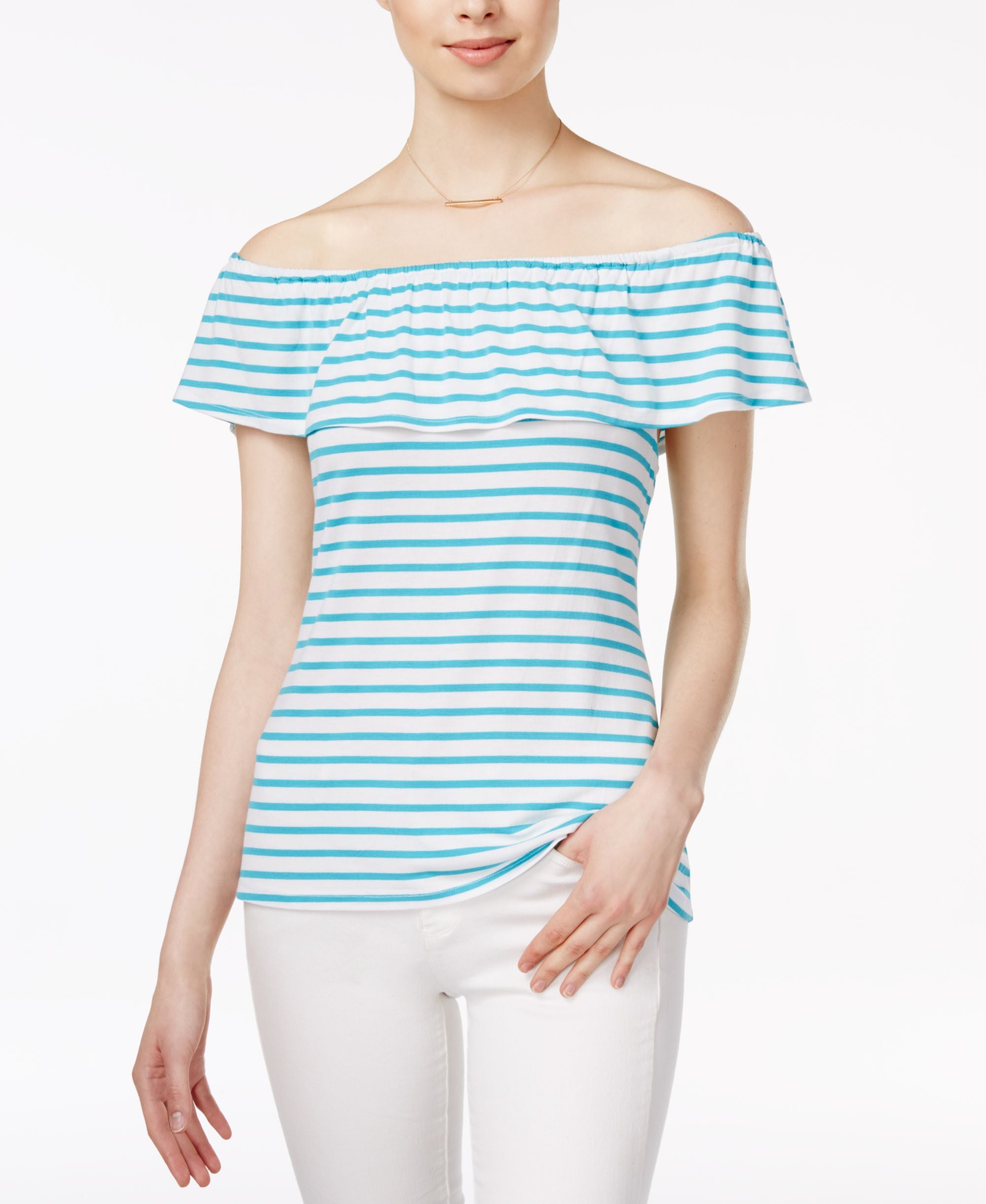 Maison Jules Striped Off The Shoulder Flounce Top