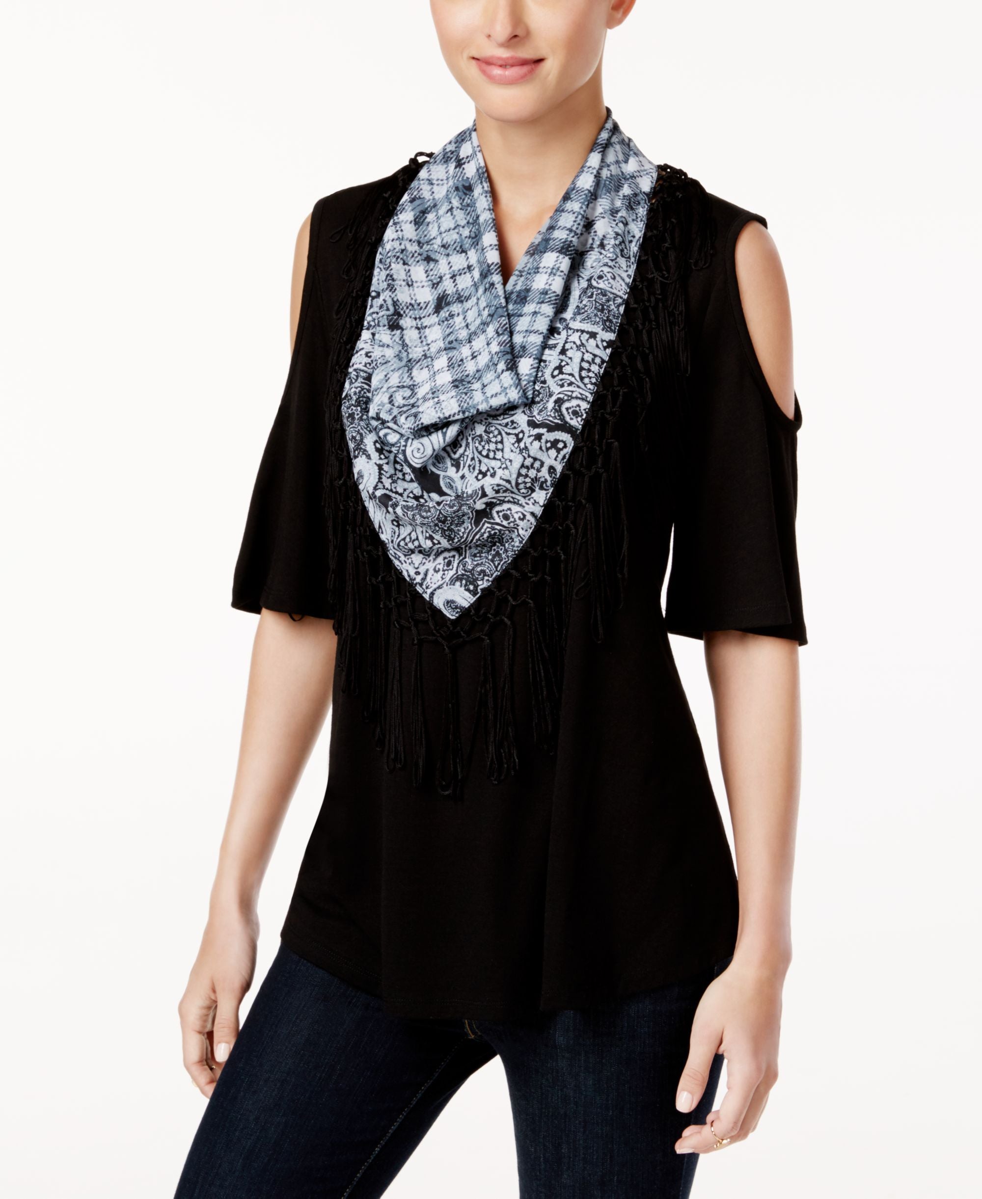 Style & Co Detachable Scarf Cold Shoulder Top