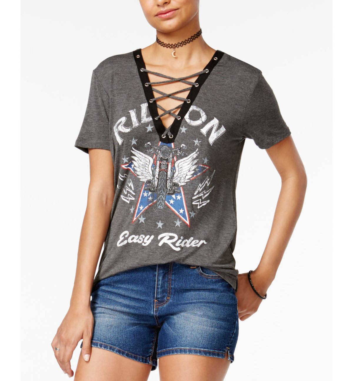 Rebellious One Juniors Easy Rider Lace Up Graphic T-Shirt