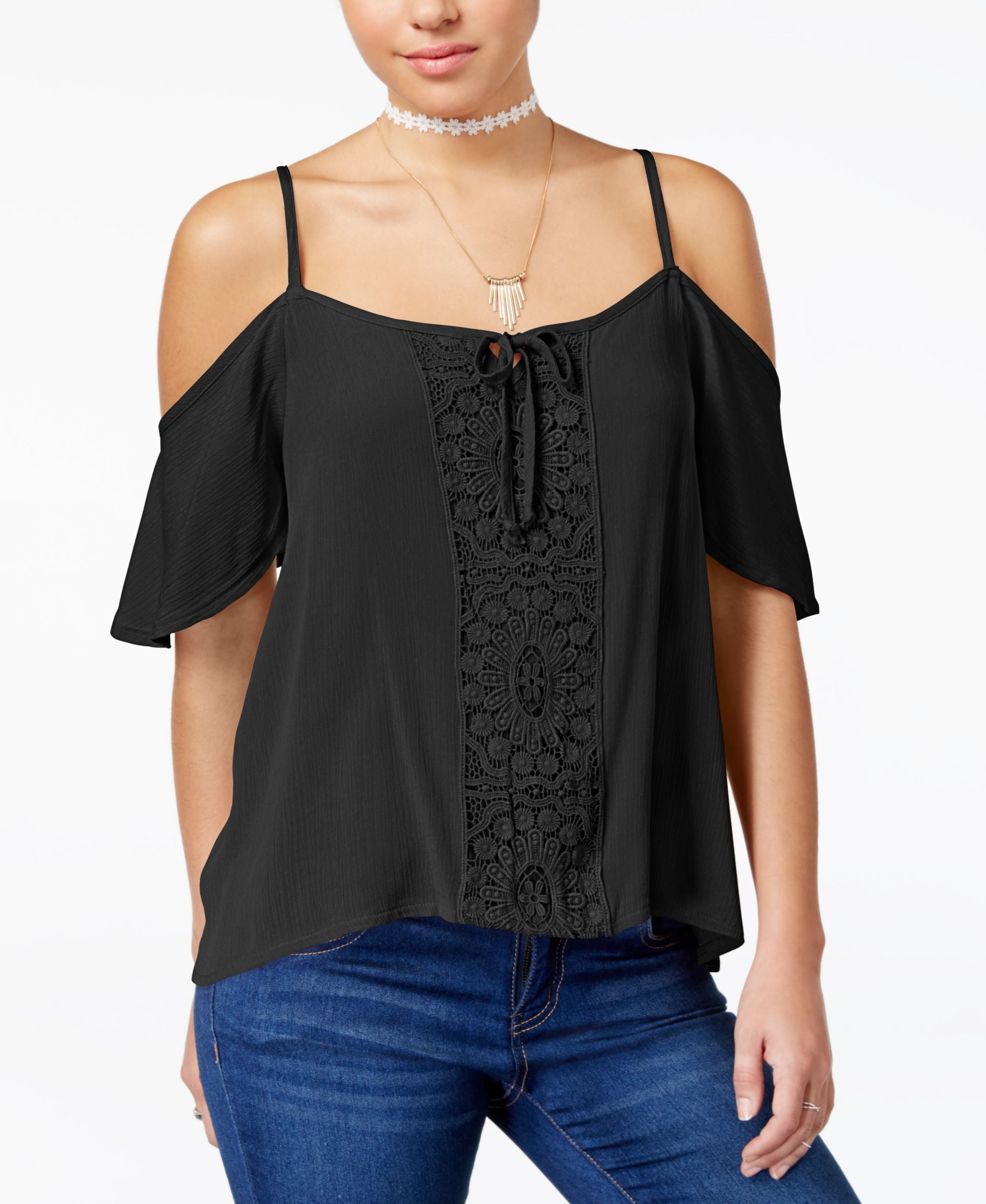Seven Sisters Juniors Crochet Trim Cold Shoulder Top
