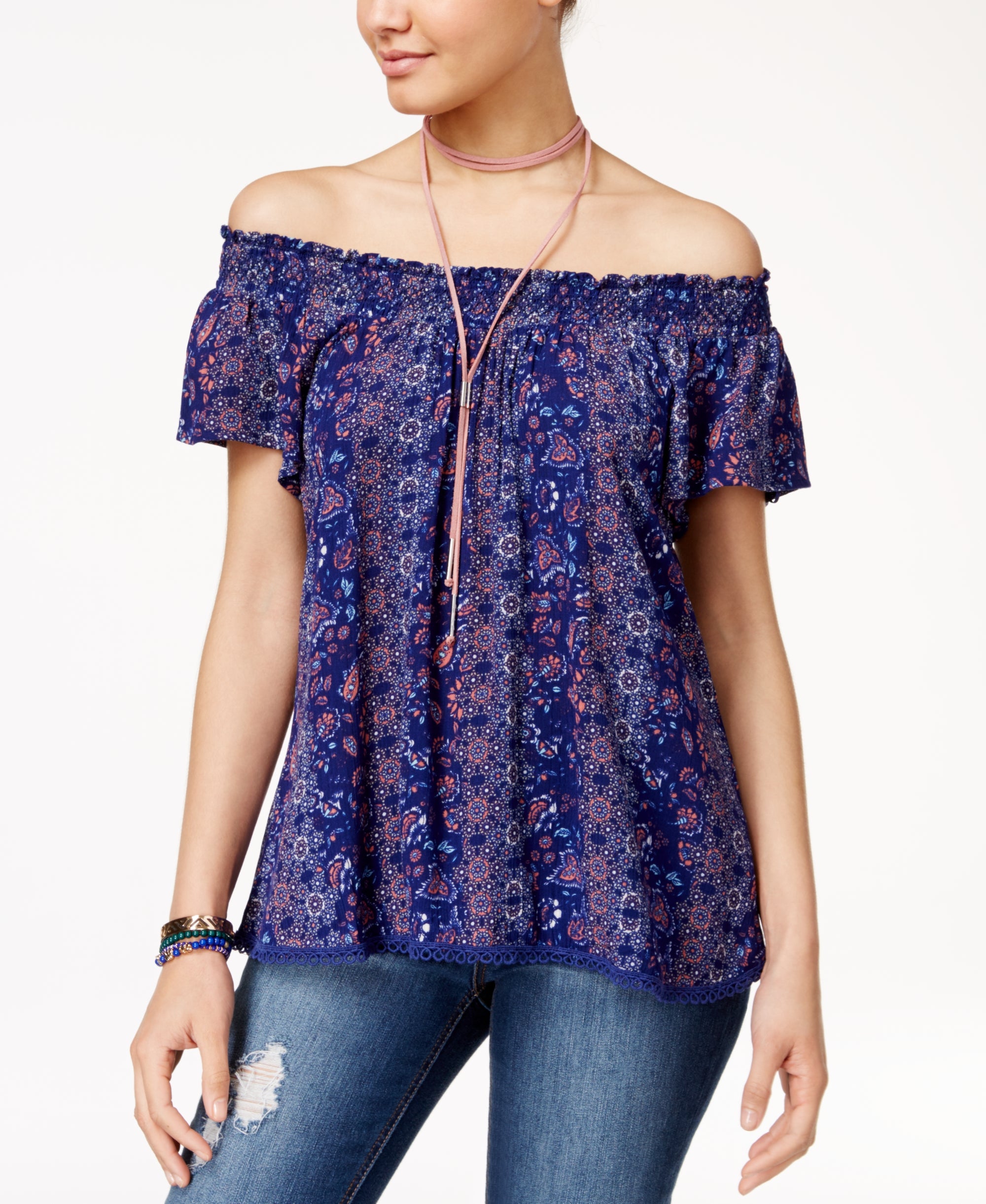 Self E Juniors Crochet Trim Off The Shoulder Peasant Top