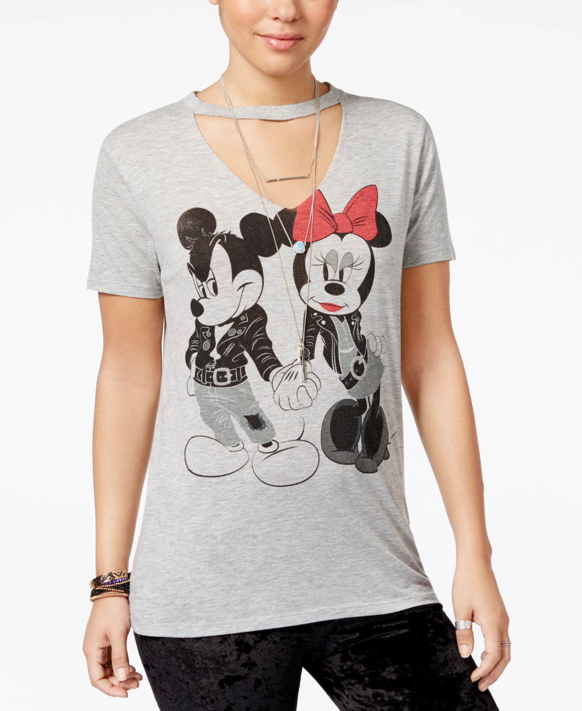 Freeze 24-7 Juniors' Disney Mickey & Minnie Mouse Cutout Graphic T-Shirt Grey Heather L