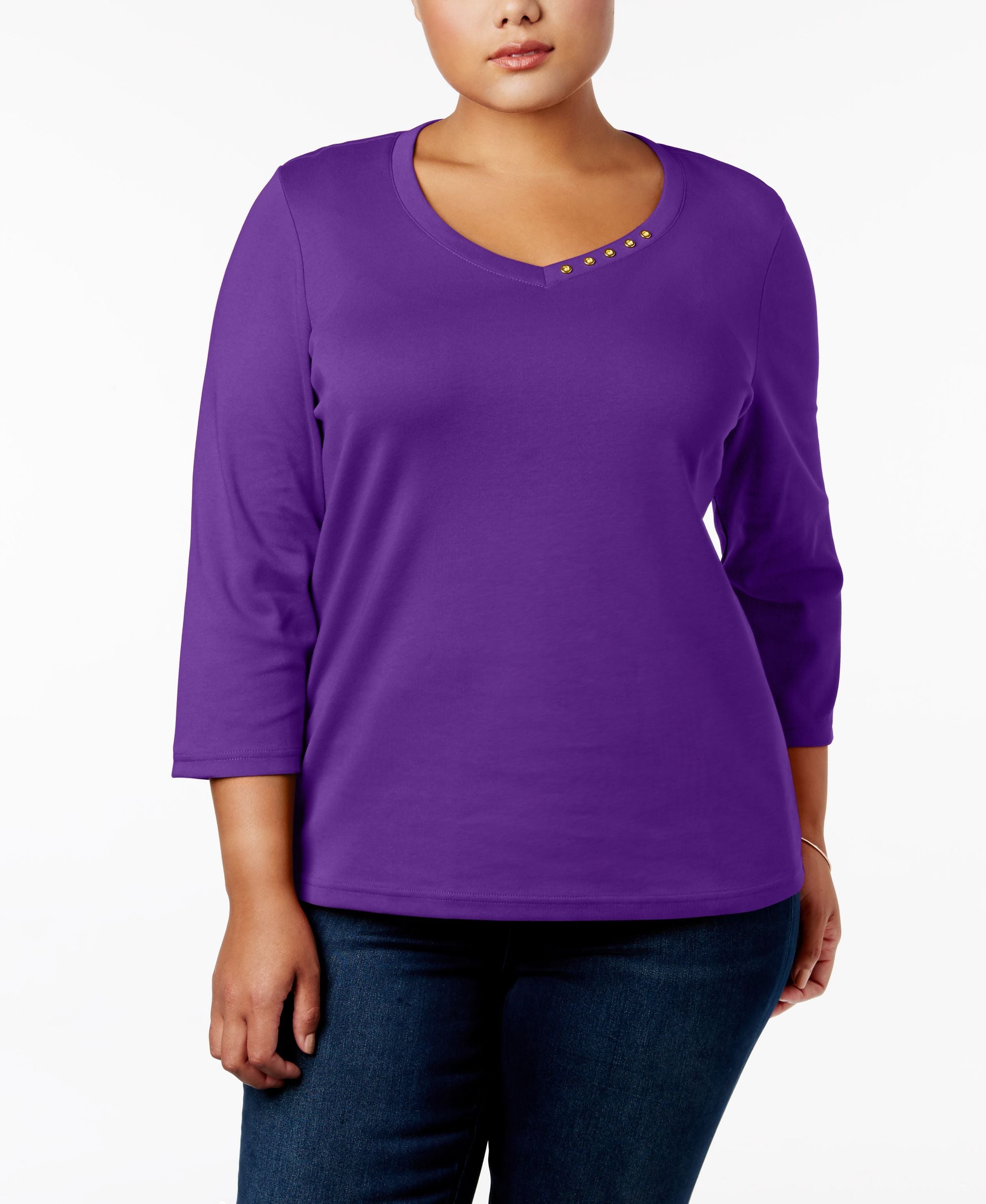 Karen Scott Plus Size Cotton Button Trim V Neck Top