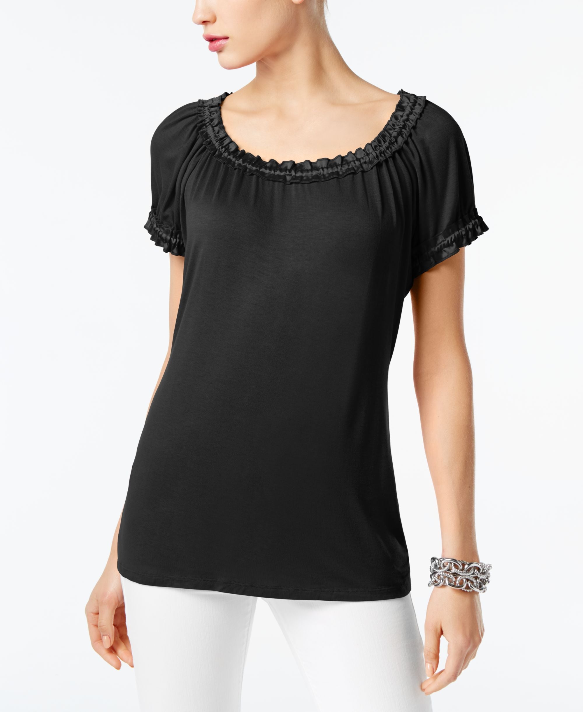 INC International Concepts Scoop Neck Satin Trim Top