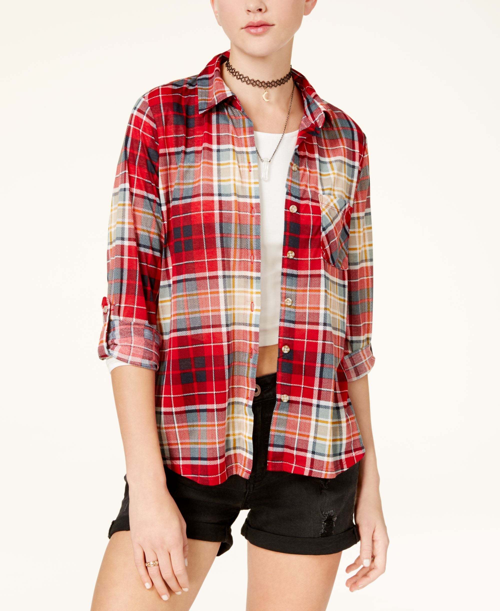Polly Esther Juniors Plaid Roll Tab Shirt
