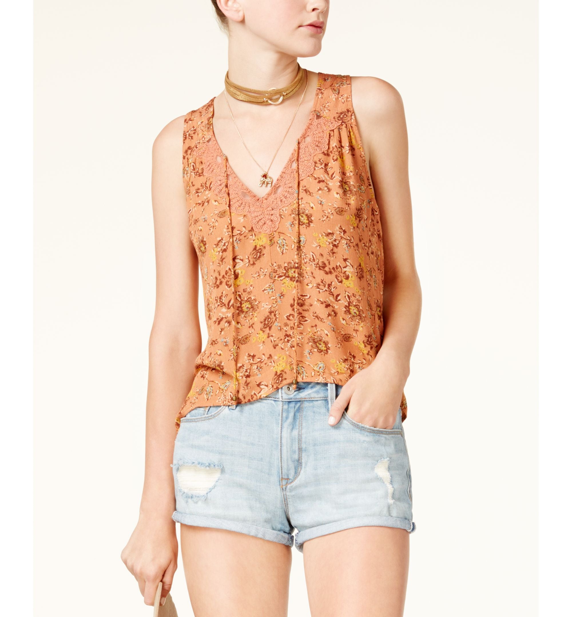American Rag Juniors Printed Lace Trim Top