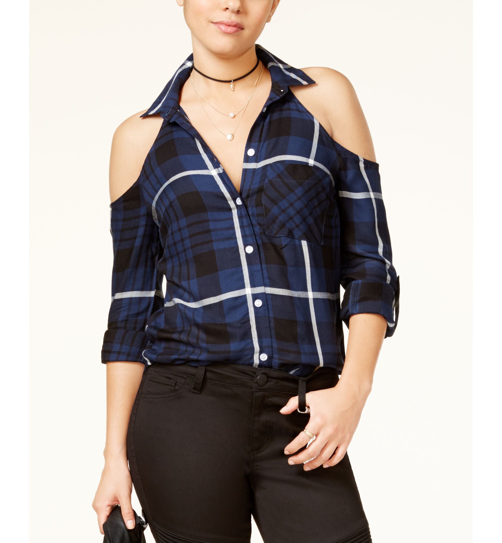 7 Sisters Juniors Cold Shoulder Plaid Shirt