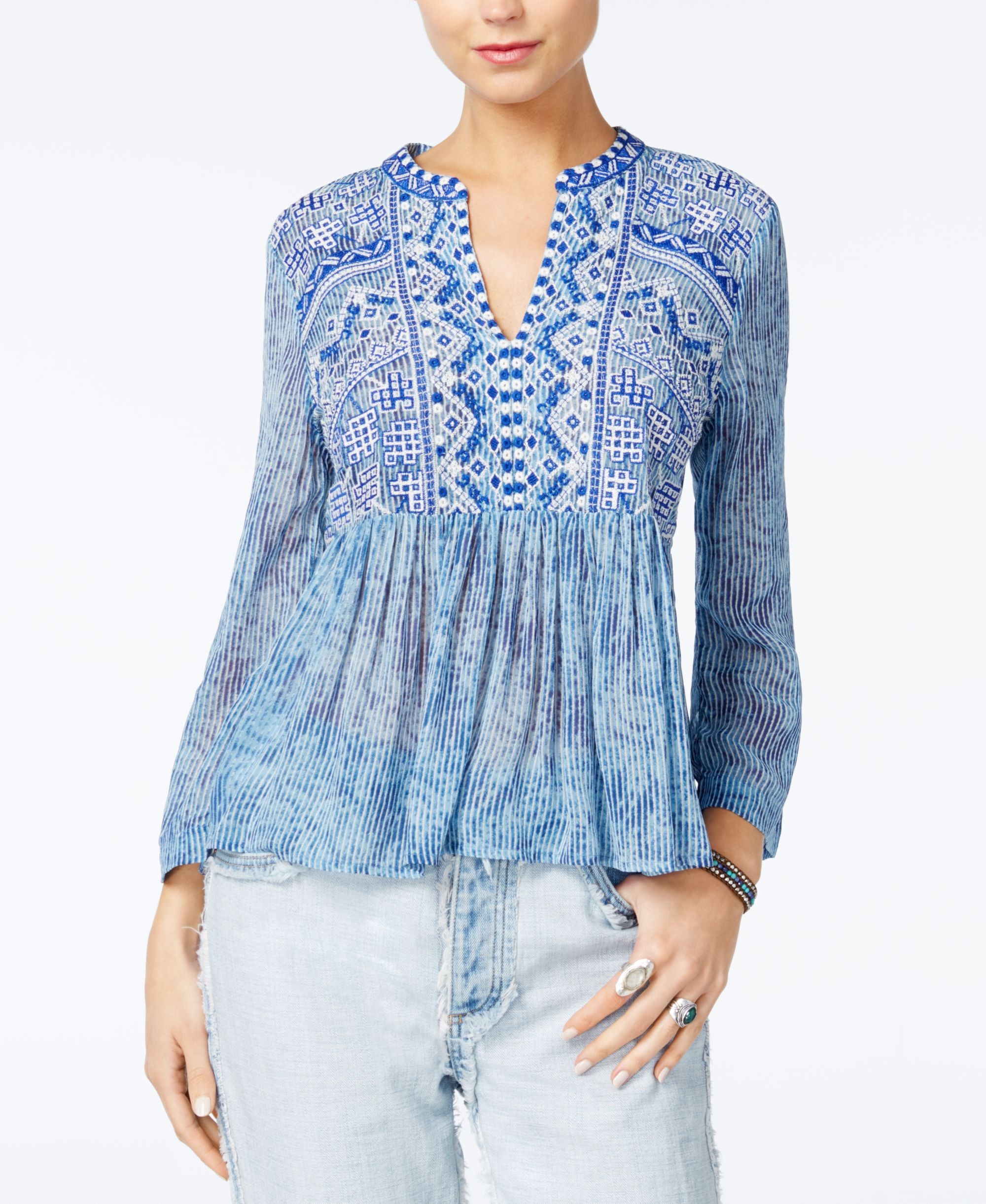 Lucky Brand Embroidered Split Neck Top