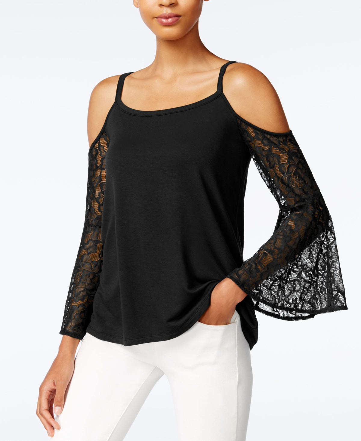 Kensie Cold Shoulder Lace Sleeve Top