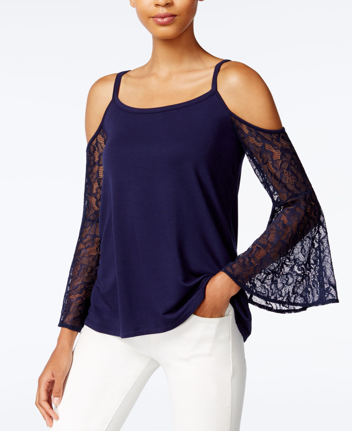 Kensie Cold Shoulder Lace Sleeve Top