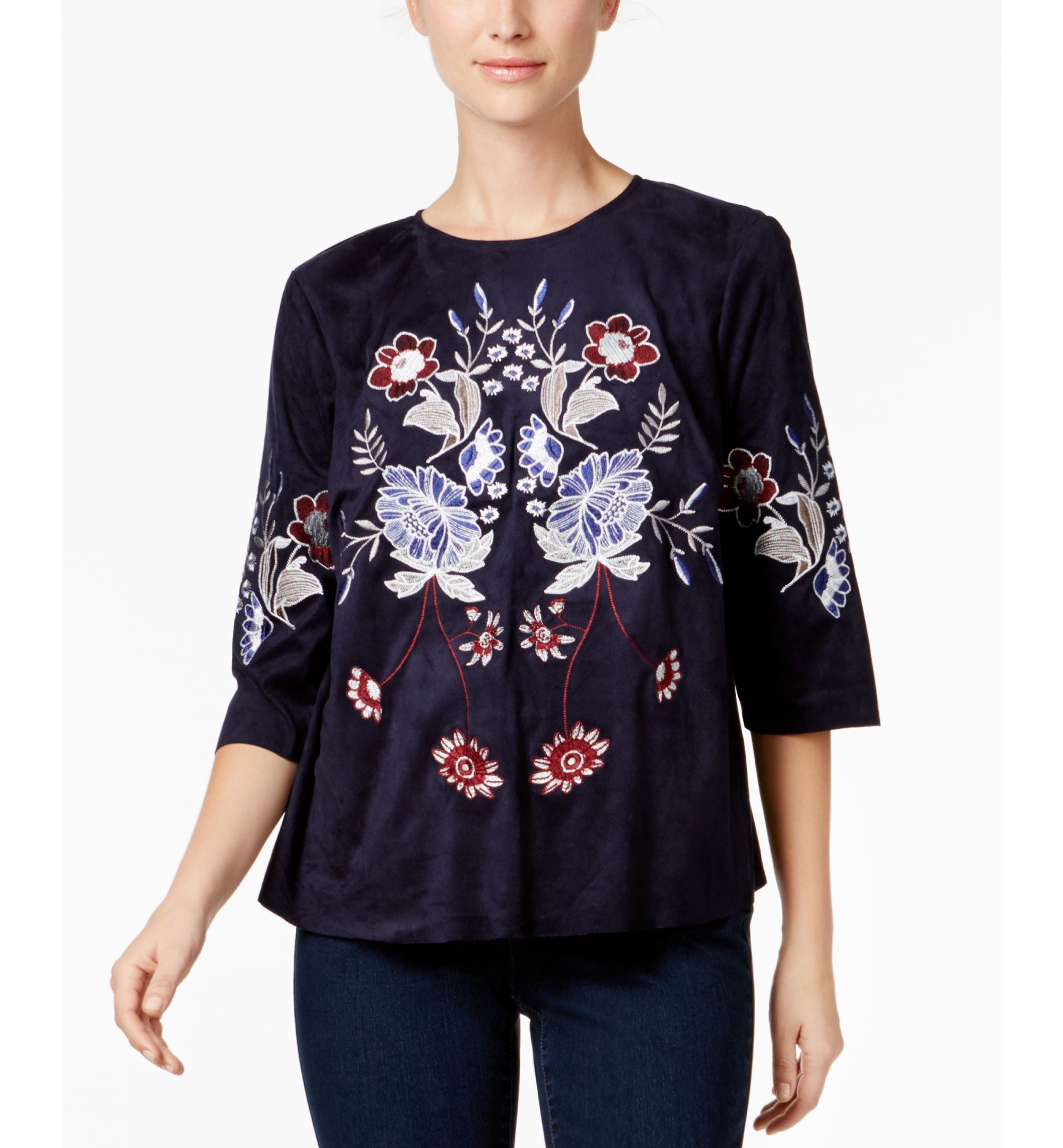 Charter Club Embroidered Faux Suede Top