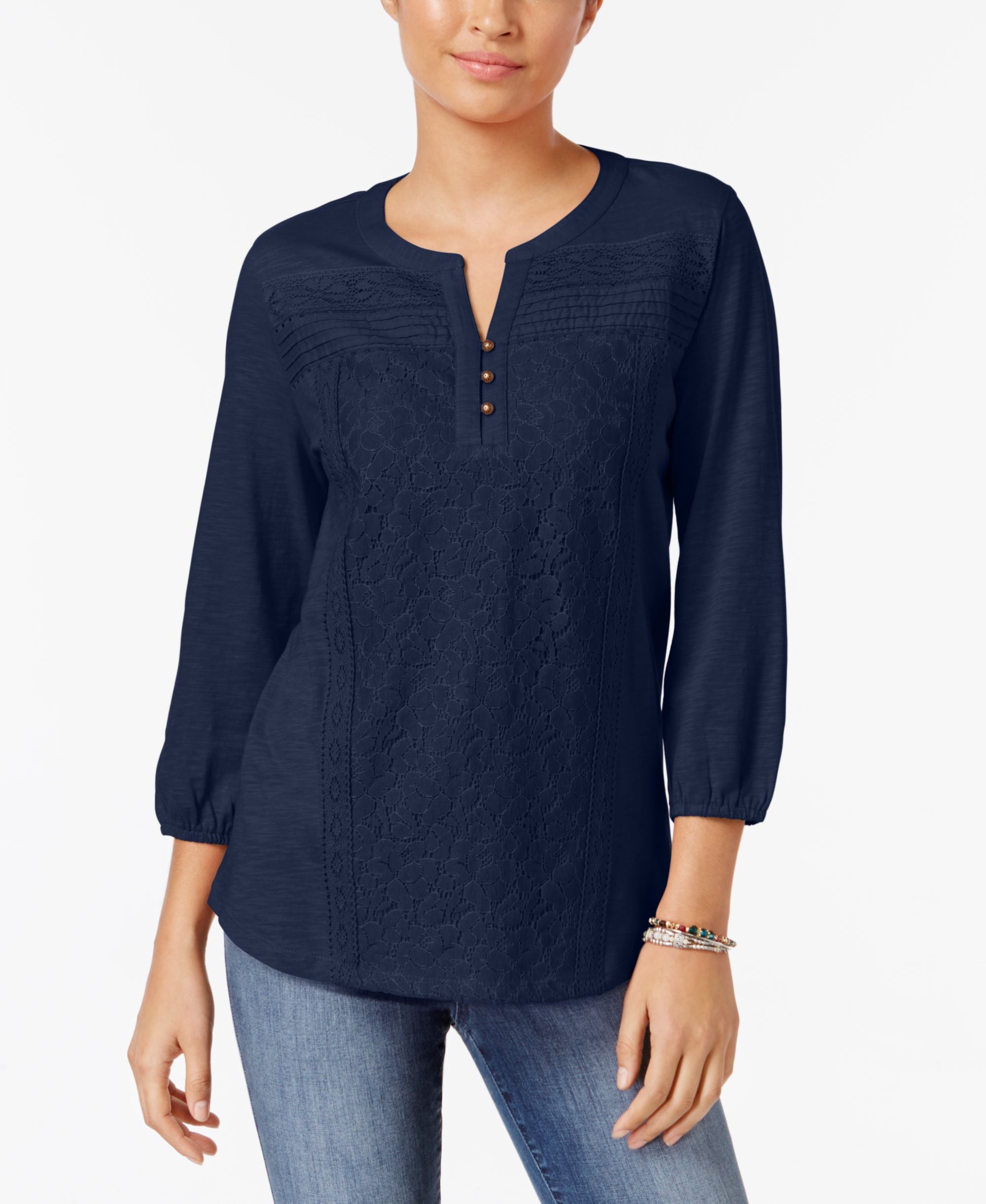Style & Co Petite Lace Front Henley Top