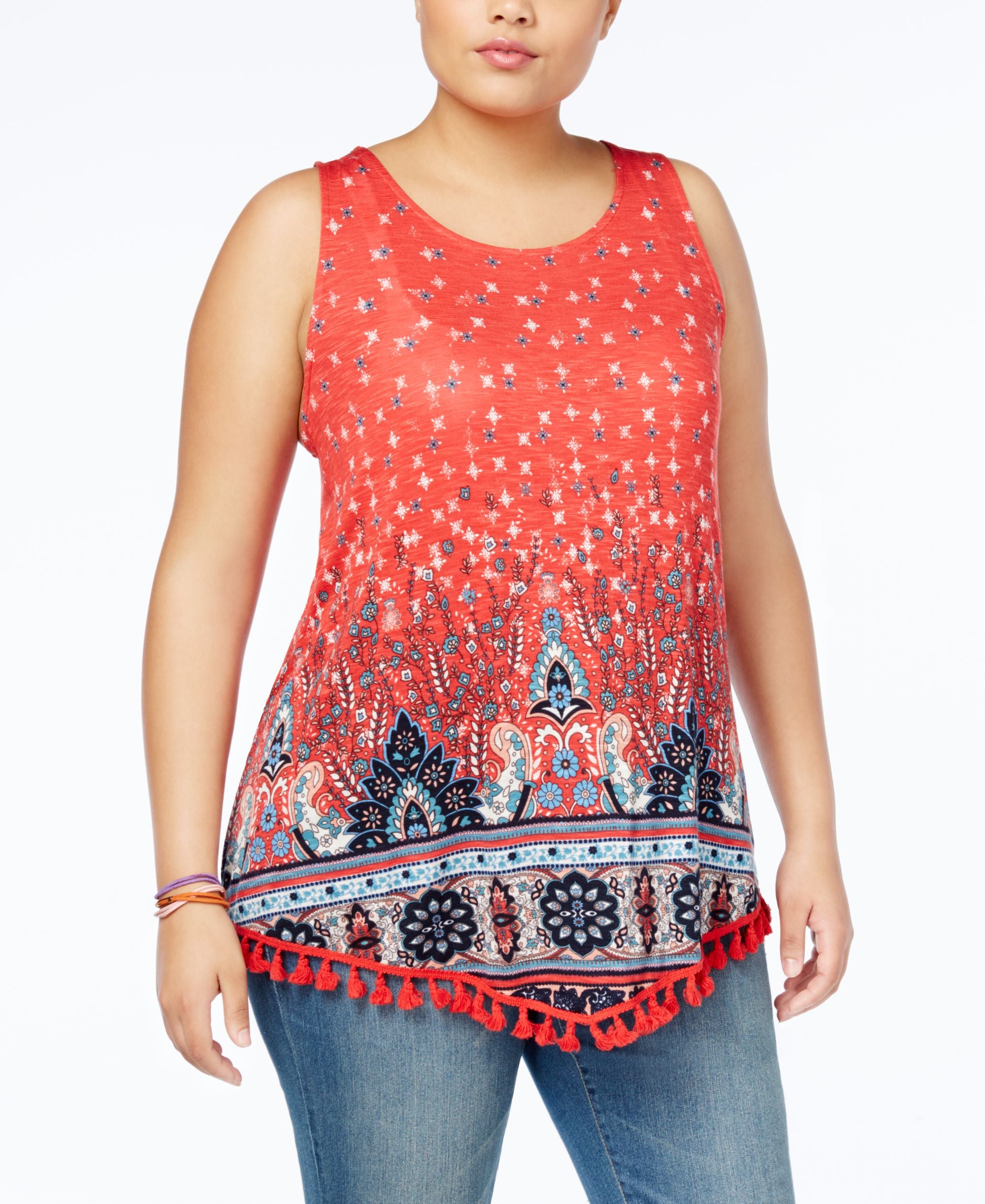 Eyeshadow Trendy Plus Size Printed Fringe Top