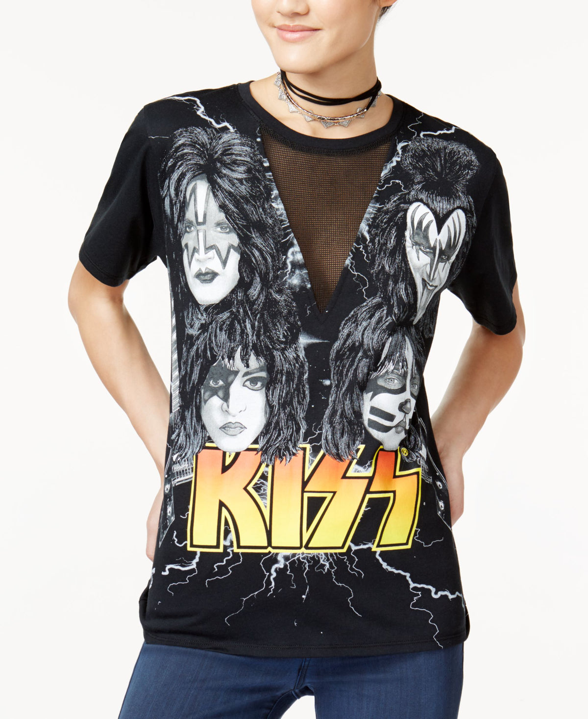 Freeze 24-7 Juniors' KISS Fishnet-Inset Graphic T-Shirt