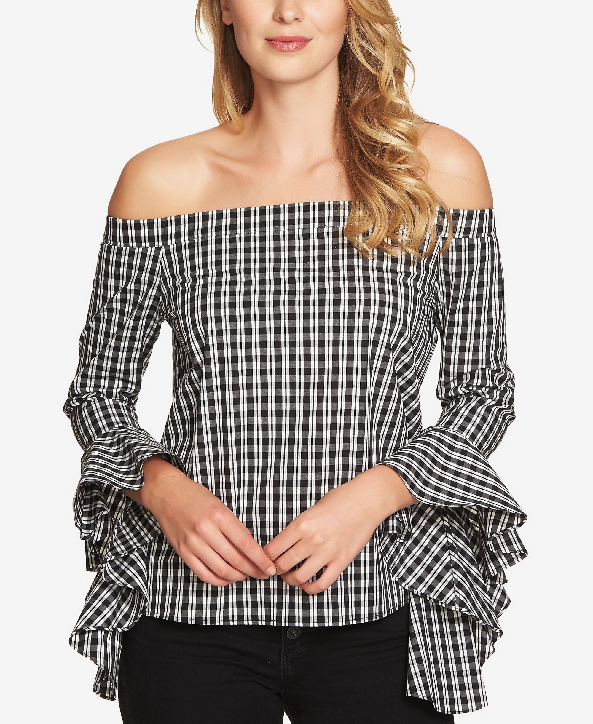 1.State Gingham Ruffled Off The Shoulder Top