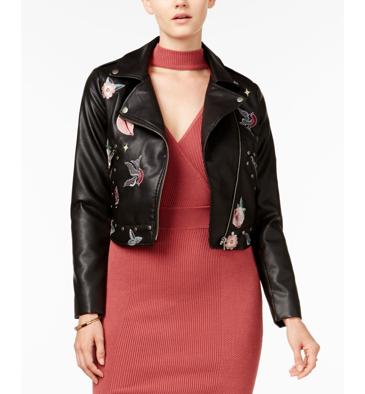 Juniors' Embroidered Moto Jacket