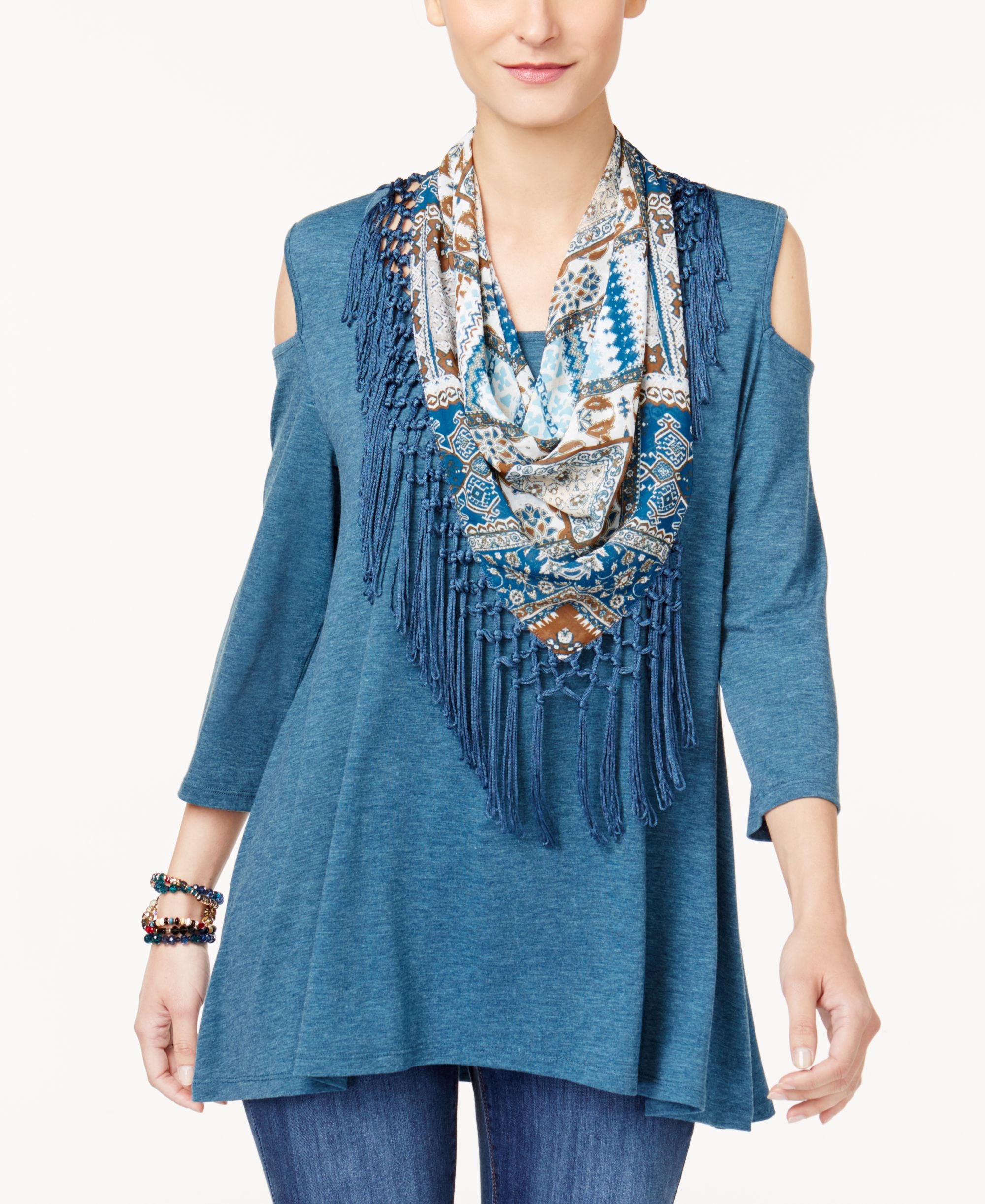 Detachable Scarf Cold-Shoulder Top