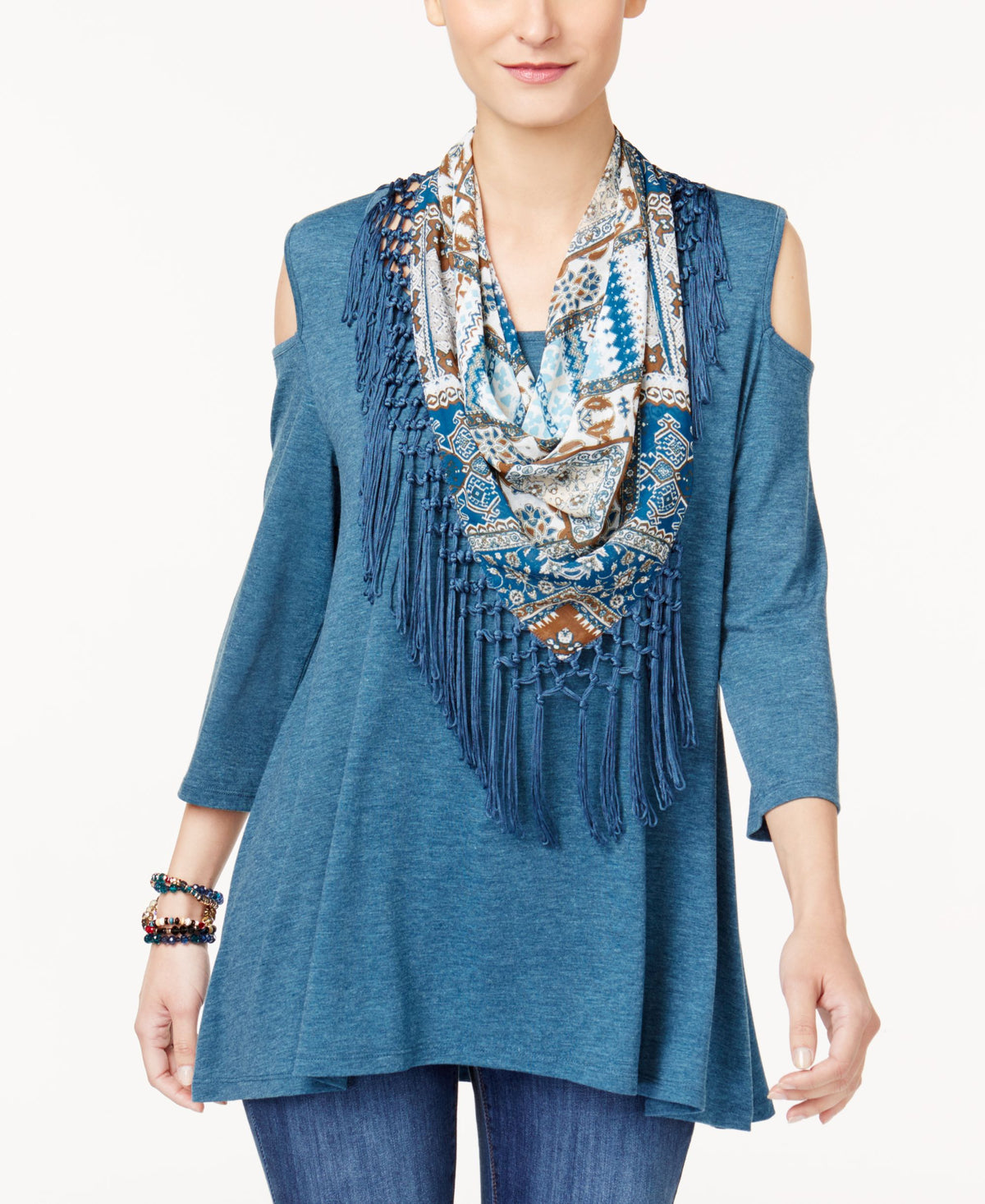 Detachable Scarf Cold-Shoulder Top