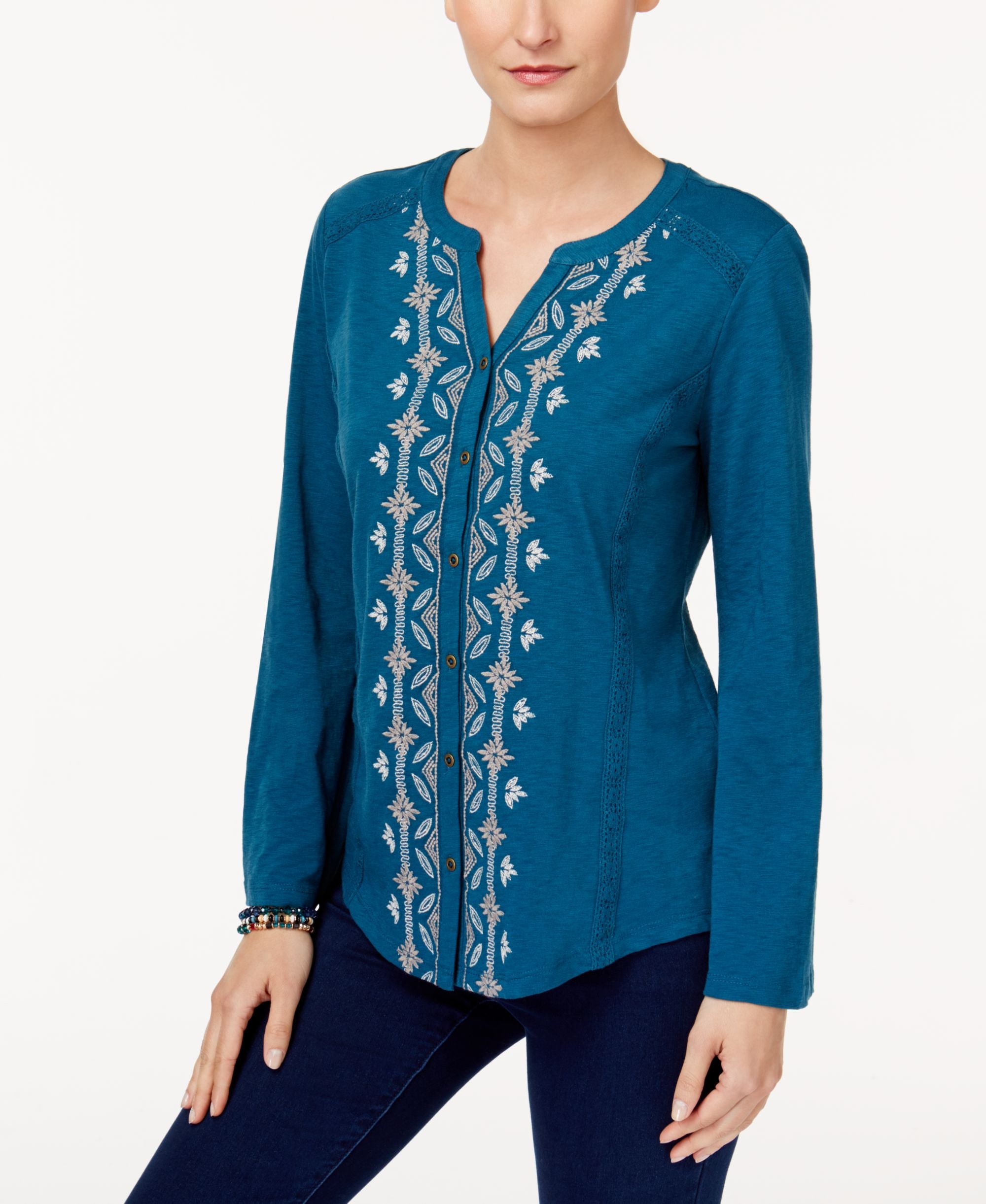 Style & Co Embroidered Split Neck Shirt
