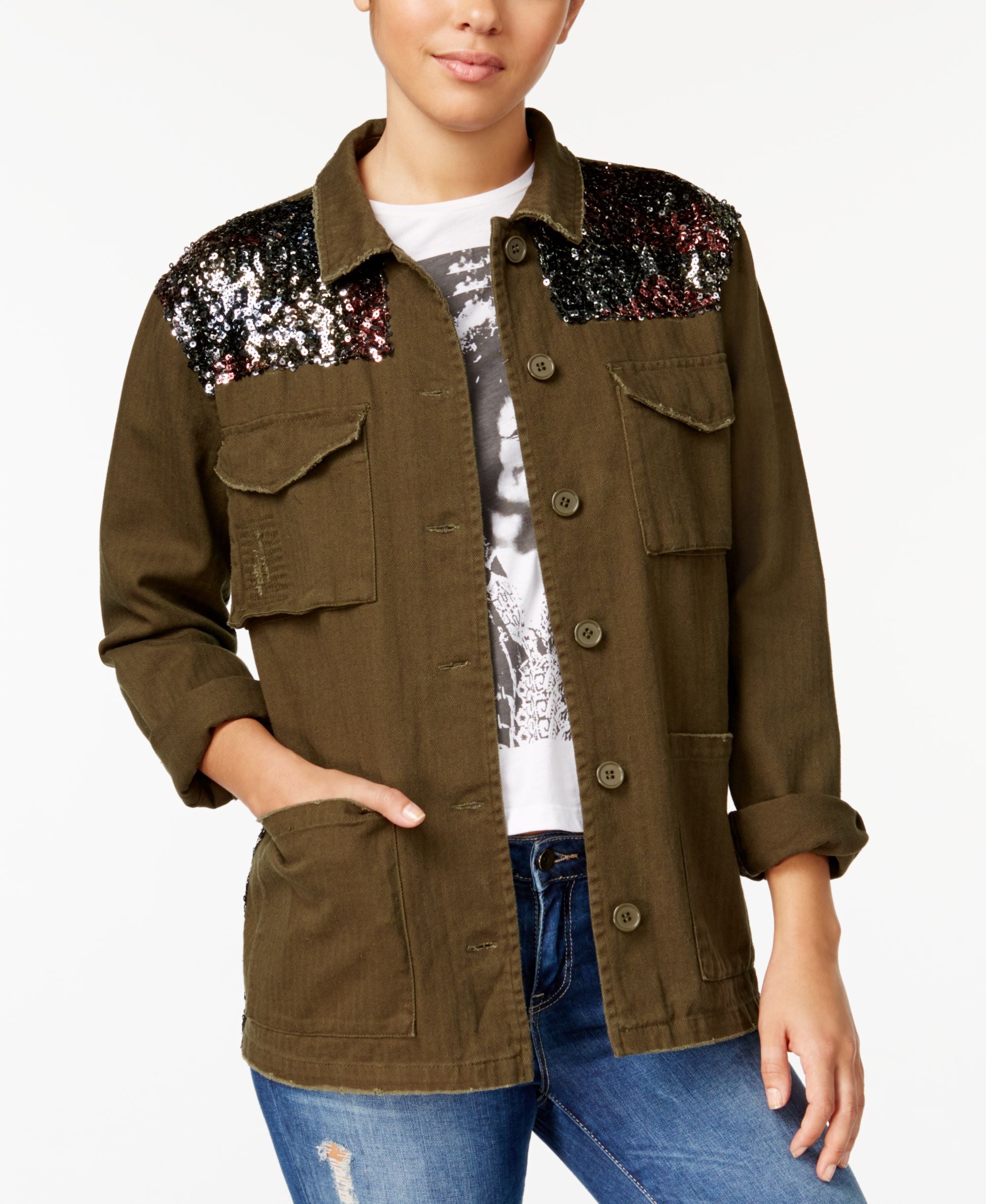 One Hart Juniors Sequin Trim Military Jacket