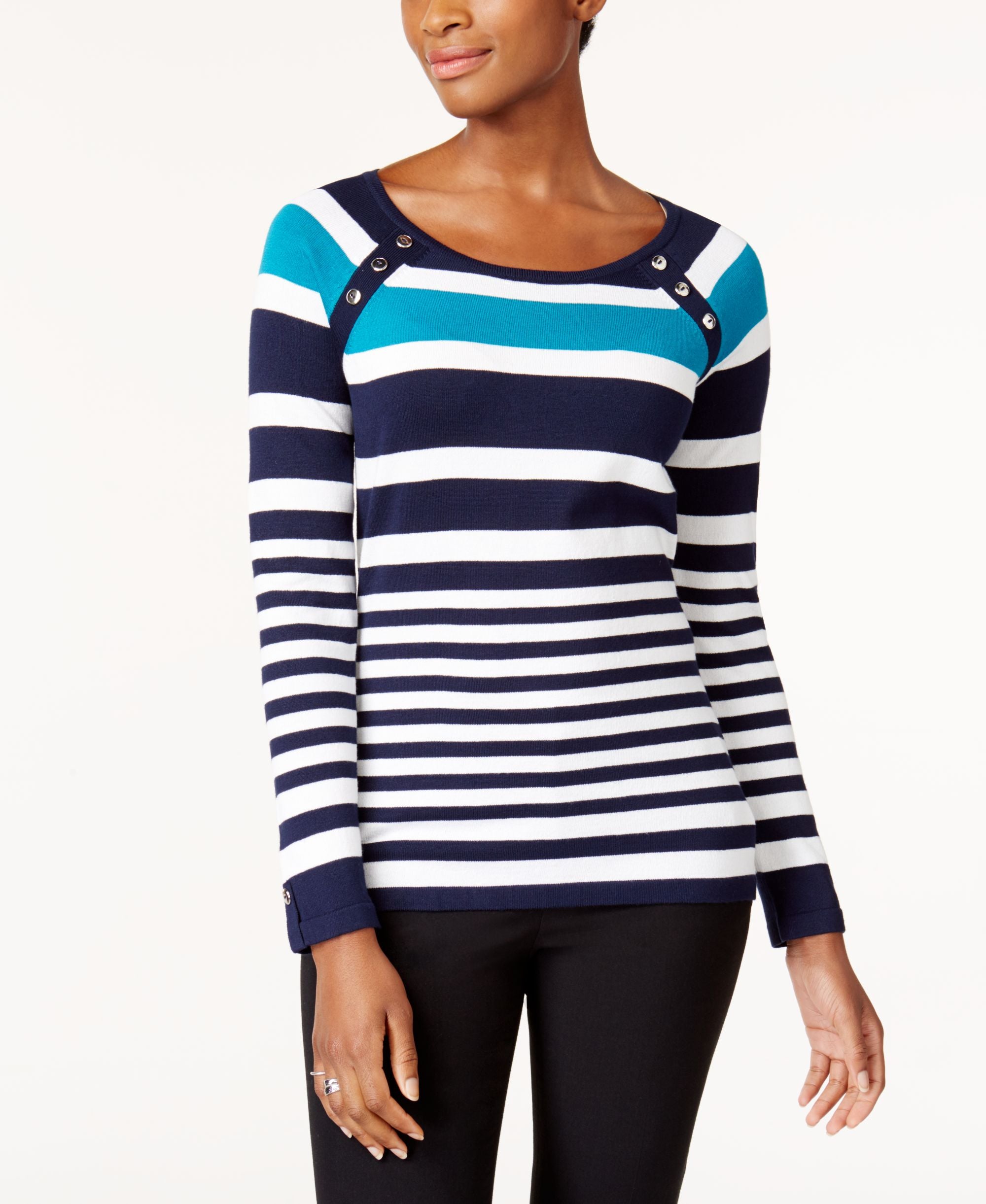 Karen Scott Striped Button Shoulder Sweater