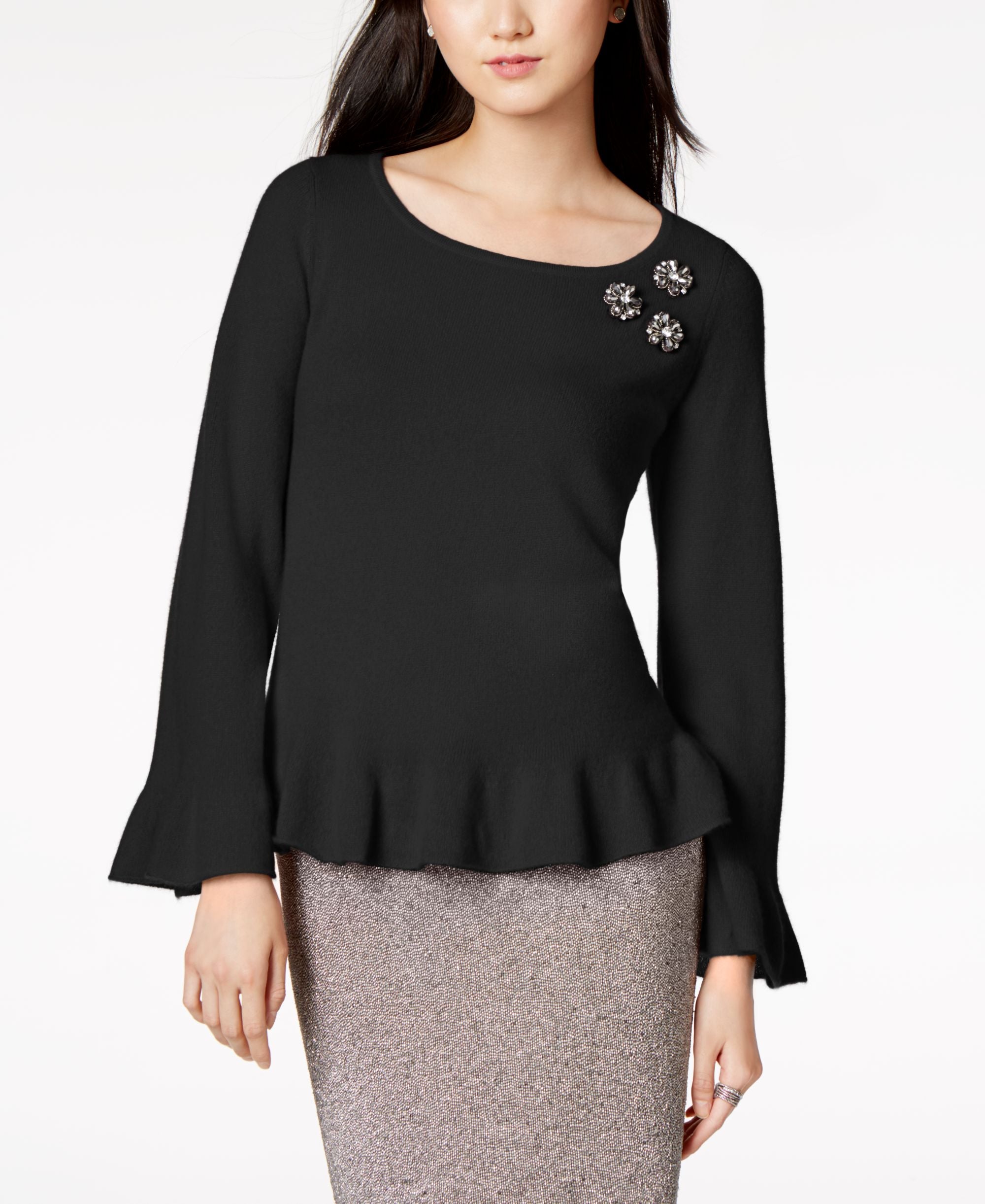 Charter Club Cashmere Embellished Peplum Sweater